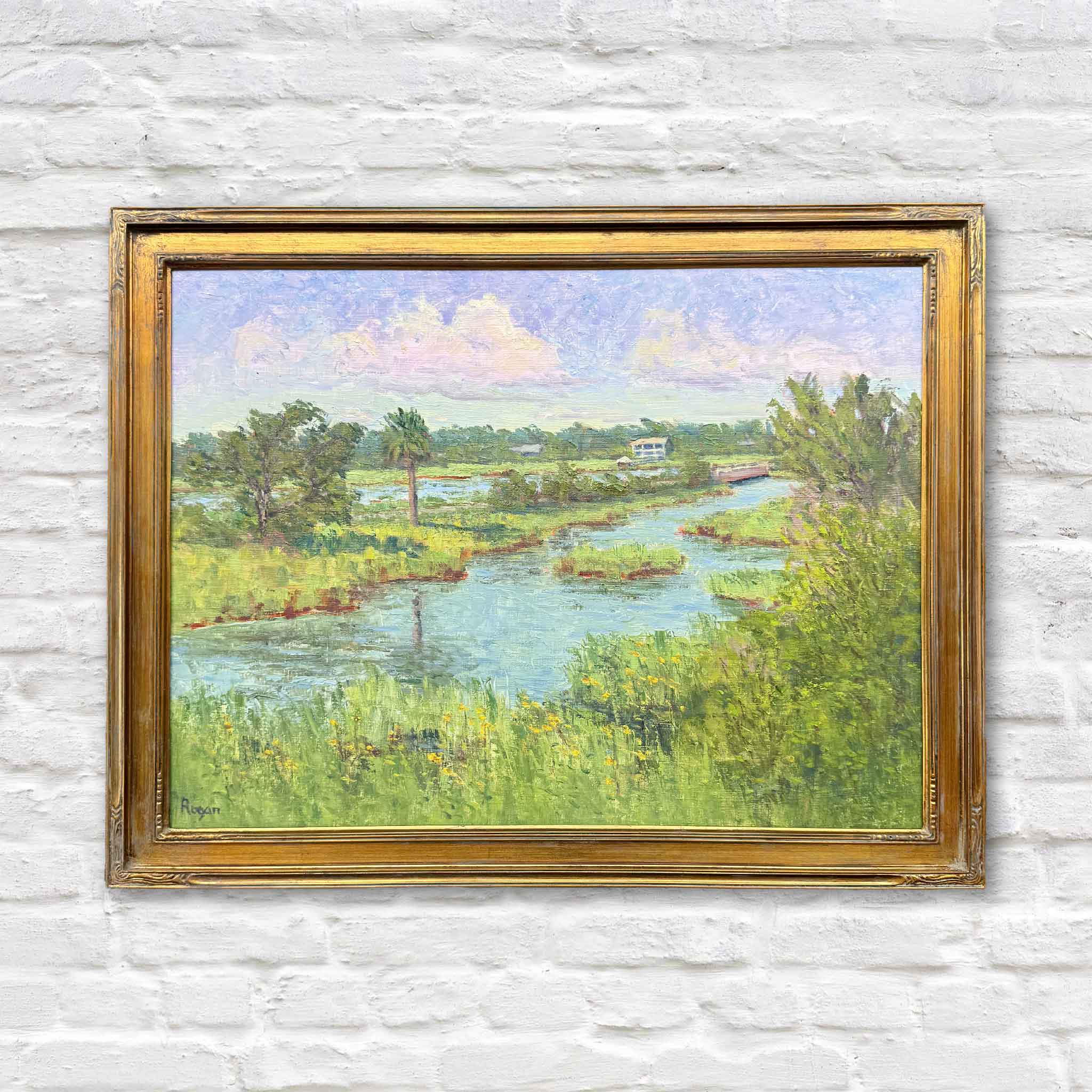 Summer in Litchfield by Michael Rogan, original oil painting featuring one of South Litchfield's most recognizable marsh views. A winding tidal creek flows through lush marsh grasses beneath a soft Carolina sky, capturing the beauty of the Lowcountry landscape near Pawleys Island, South Carolina. Framed original artwork available at Gray Man Gallery.