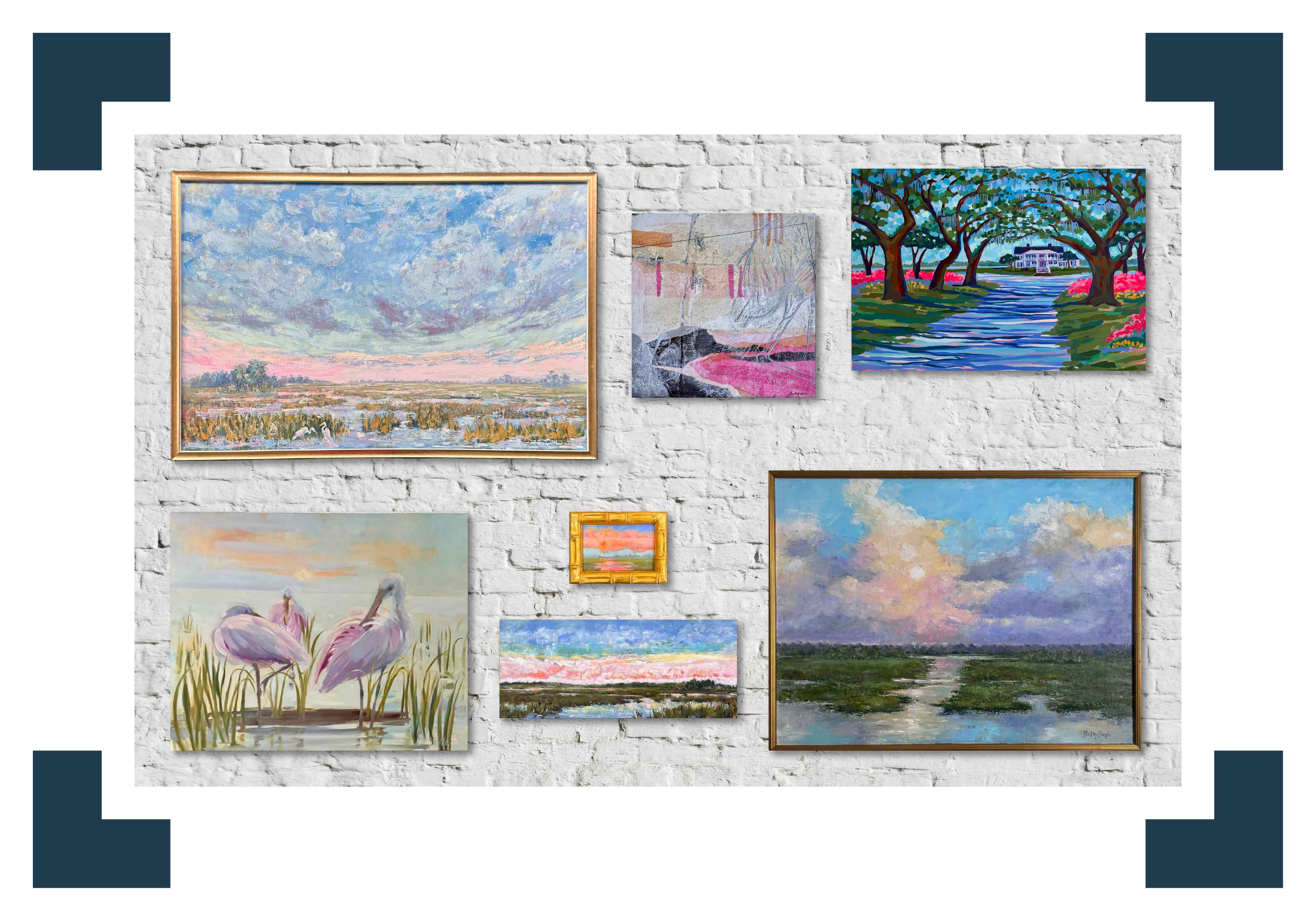 Styled gallery wall display at Gray Man Gallery in Pawleys Island, South Carolina, featuring professionally custom framed Lowcountry artwork, coastal paintings, wildlife art, and Galentine’s Day gift pieces, showcasing archival framing, conservation matting, and boutique presentation by the area’s trusted local art gallery and custom frame shop serving the South Carolina Lowcountry for over 45 years