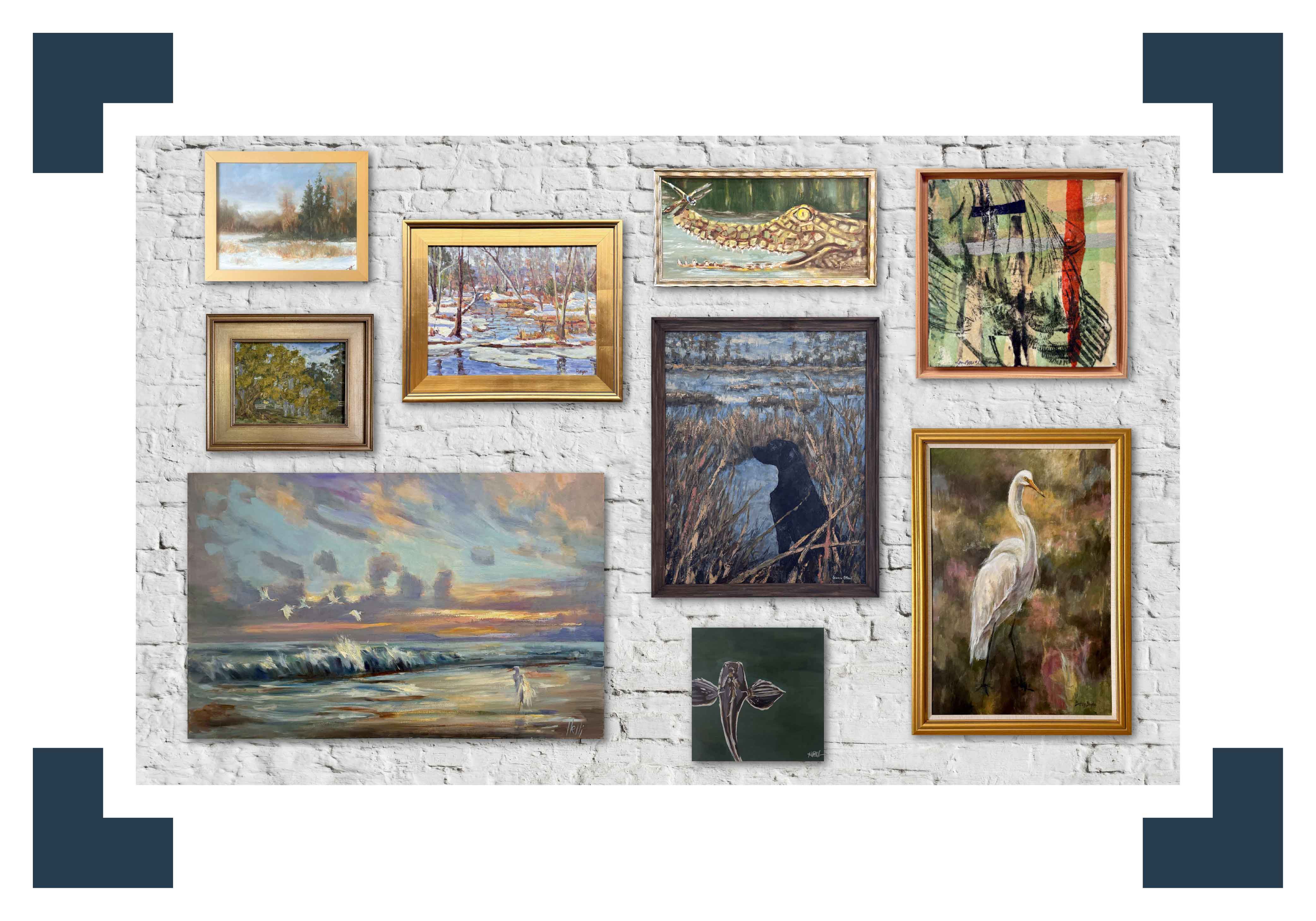 Curated gallery wall of framed original Lowcountry artwork at Gray Man Gallery in Pawleys Island, South Carolina, showcasing custom framing, coastal oil paintings, local Southern artists, and museum-quality presentation in a professional art gallery setting.