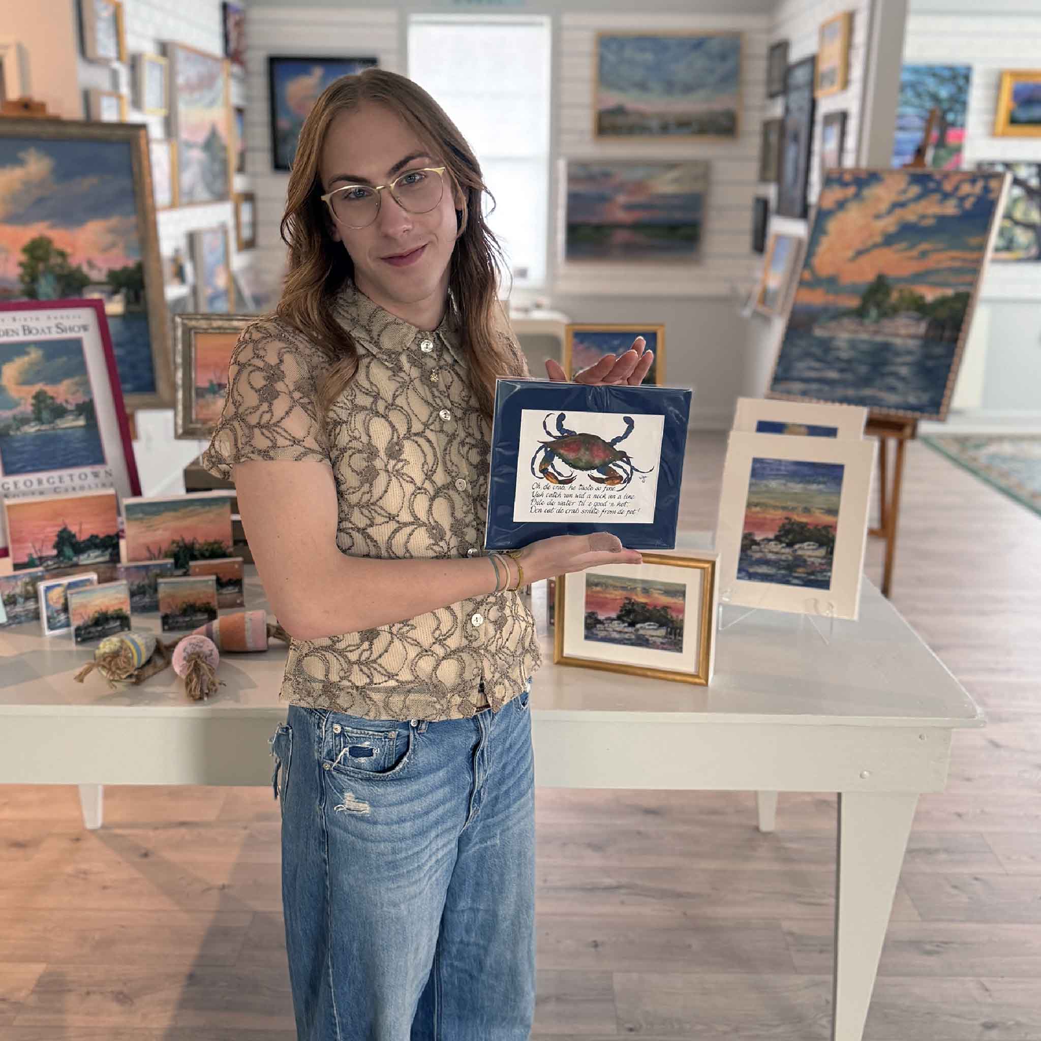 Gullah Odes Crab by Vida Miller displayed as a matted print at Gray Man Gallery, a beloved South Carolina coastal artwork rooted in generations of Lowcountry storytelling.