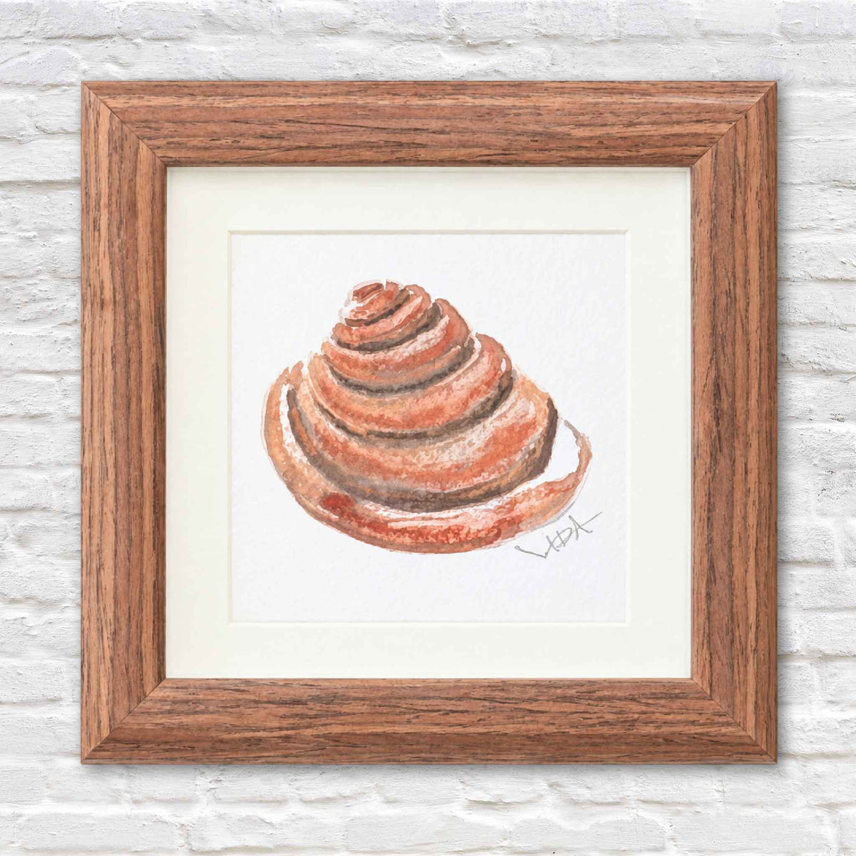 Signed original Pawleys Island shell watercolor painting by Vida Miller, featuring a warm coral and brown coastal shell presented in a petite dark wood shadowbox frame at Gray Man Gallery in Pawleys Island.