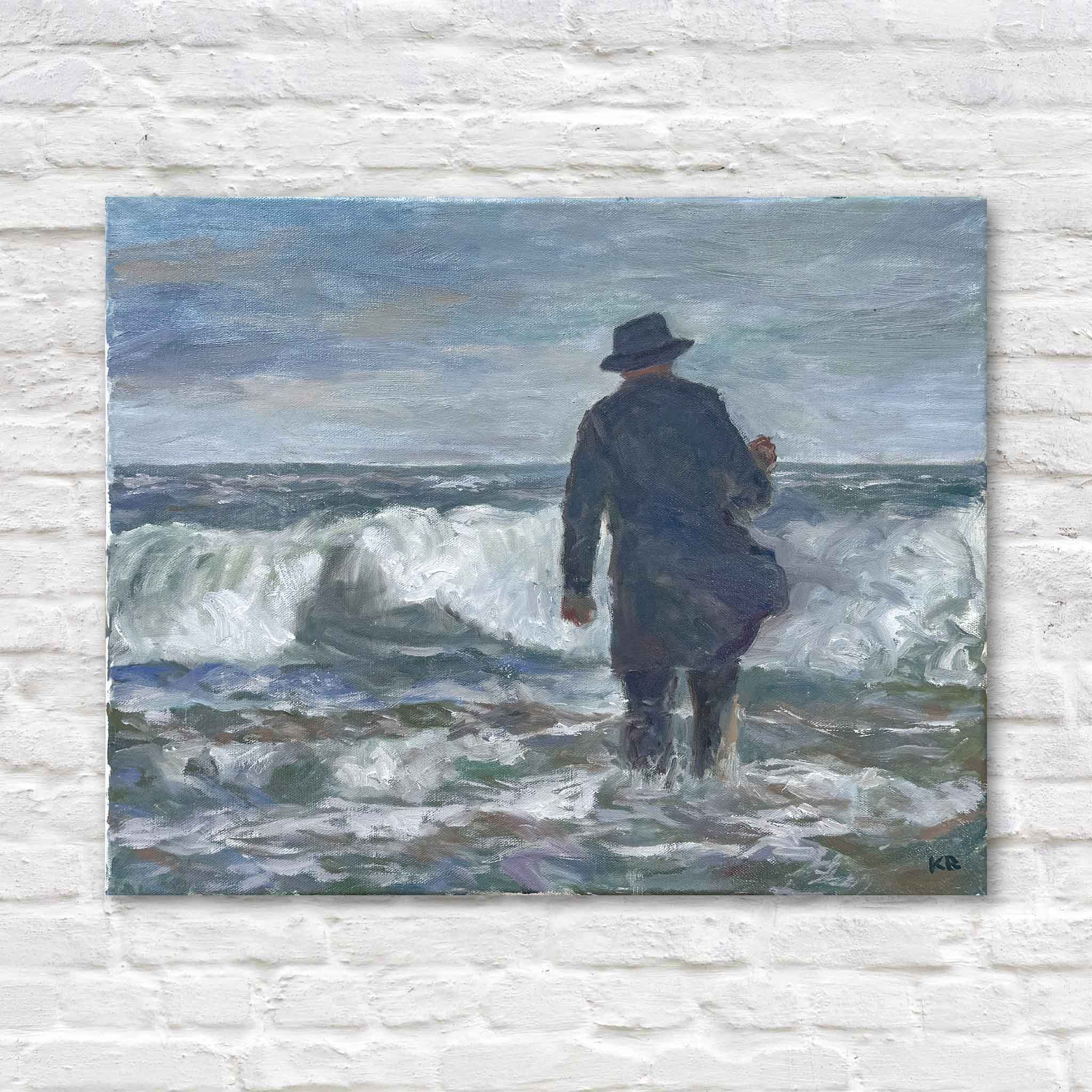 Unframed 16x20 original oil painting Gray Man I by local artist Kathy Robinson featuring ocean waves and solitary figure inspired by Pawleys Island Gray Man legend at Gray Man Gallery