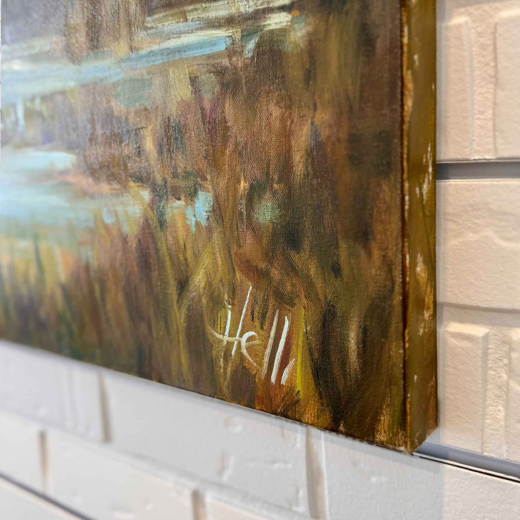 Close-up side view of “Lowcountry Spa” original oil painting by Helli Luck showing canvas depth, brushwork, and artist signature at Gray Man Gallery in Pawleys Island