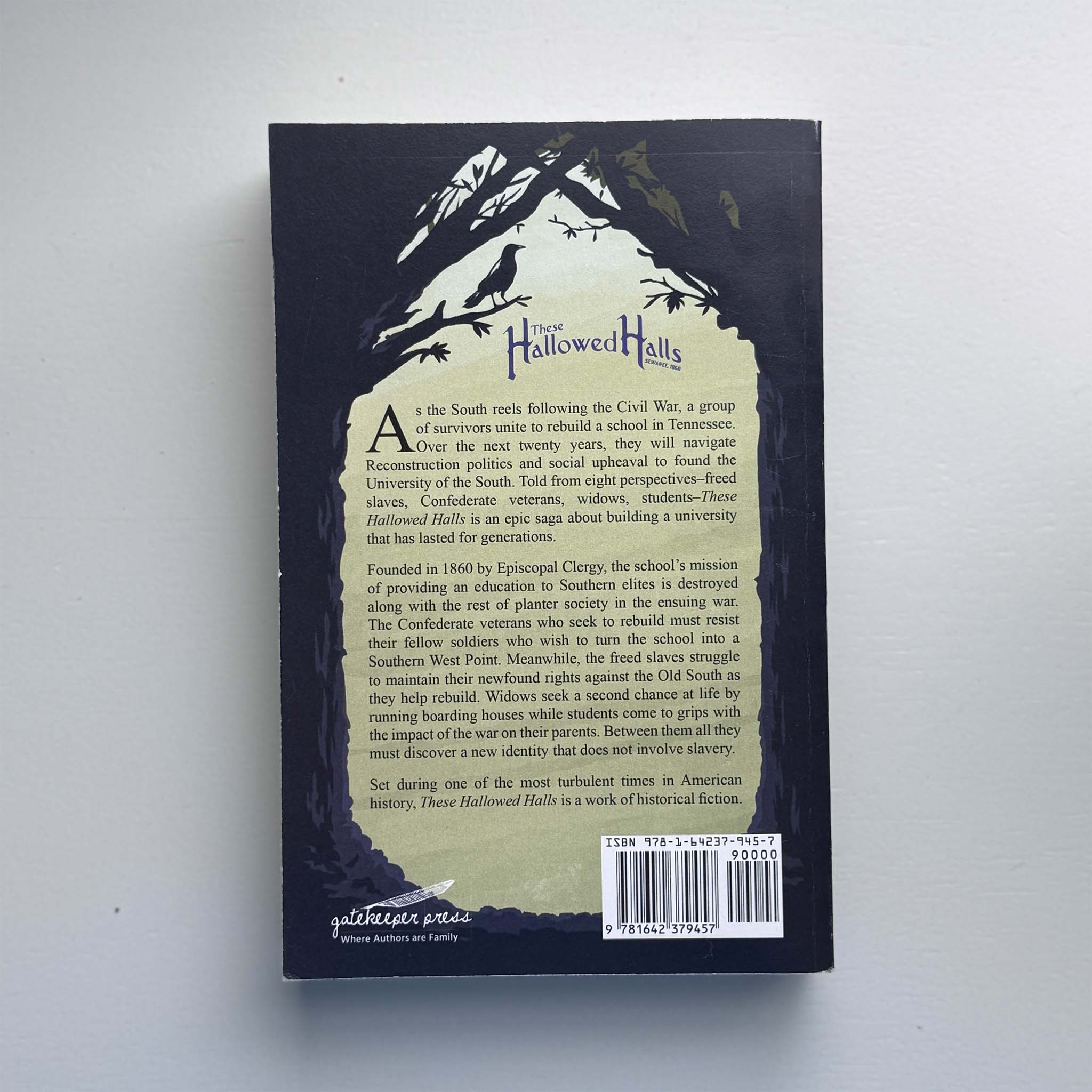 Back cover of These Hallowed Halls: Sewanee, 1860 by Kirk Battle, featuring a synopsis of the novel and author biography about the University of the South’s complex founding history.