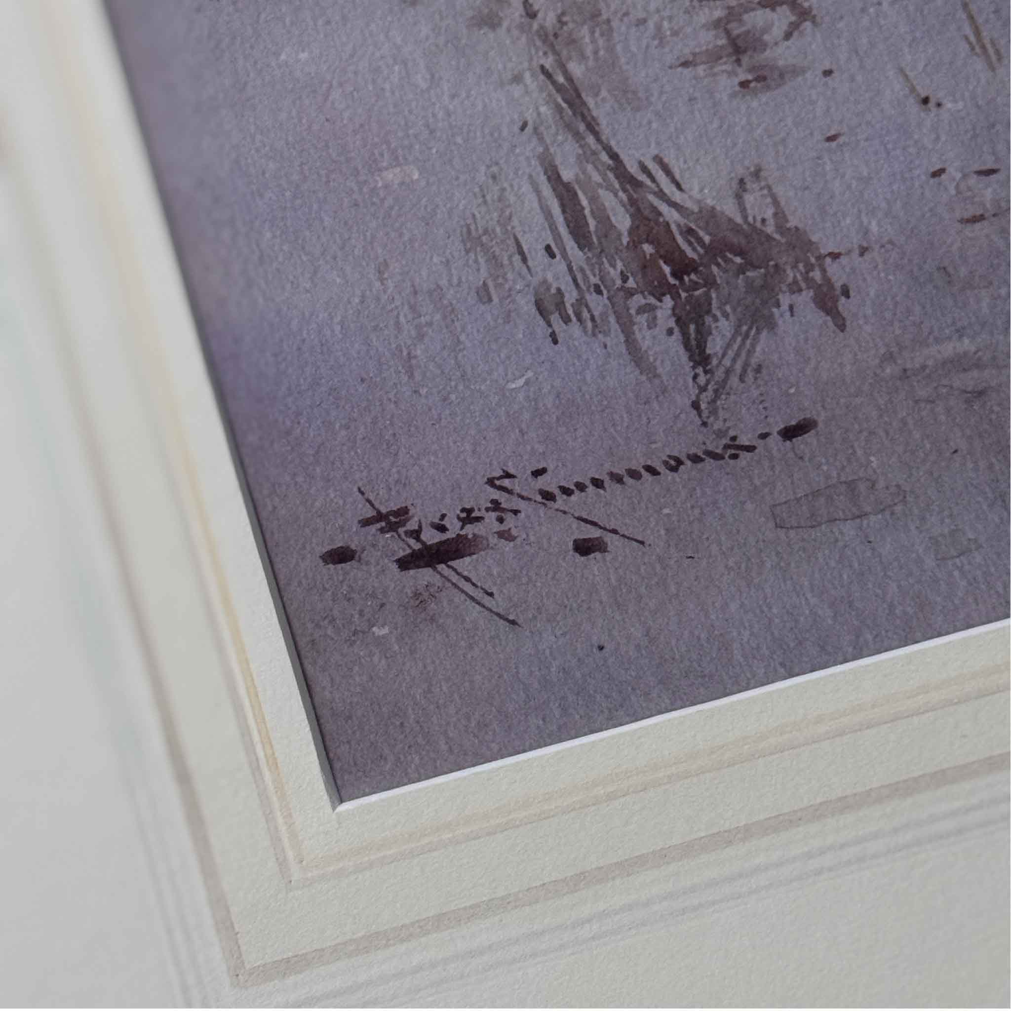 Detailed view of the delicate original watercolor washes and subtle tonal layering in Holding the Light, an original landscape by Charles Eyres Simmons featuring soft reflections and atmospheric depth.