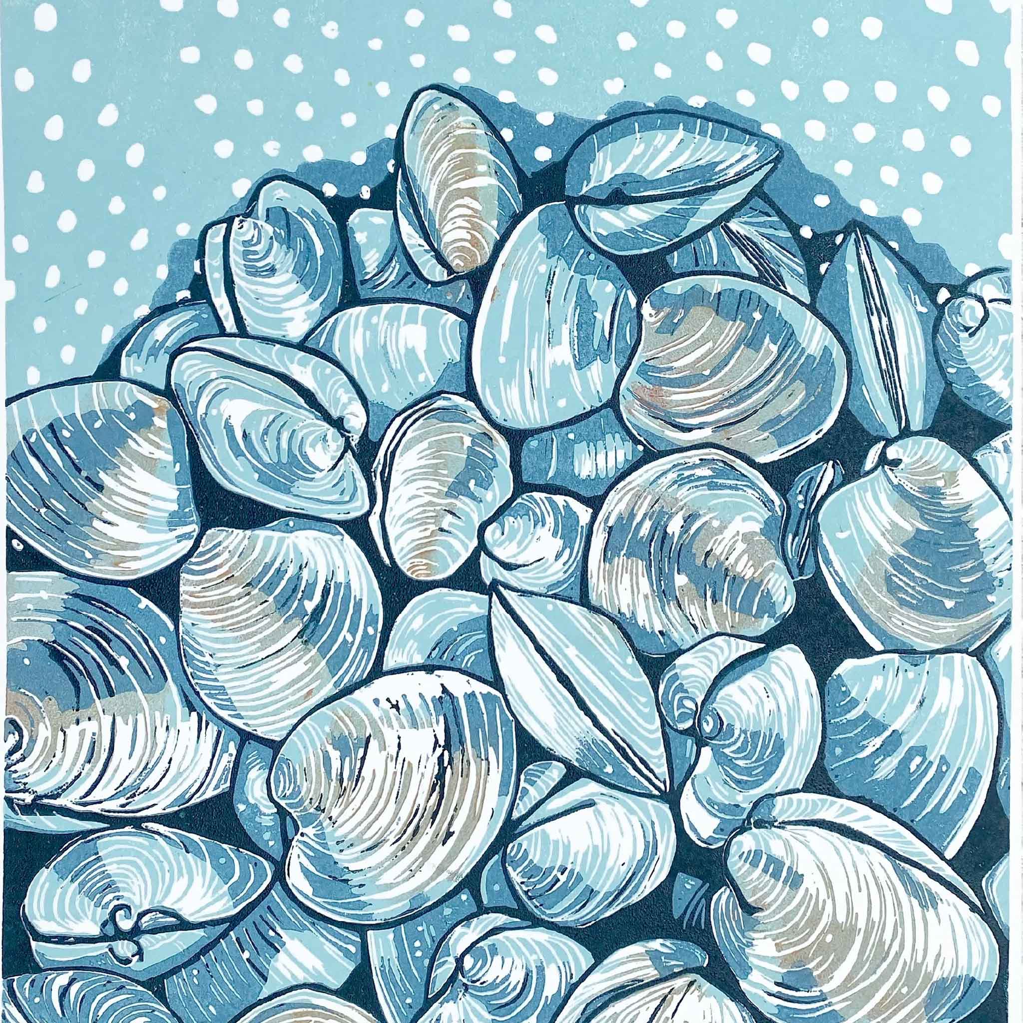 original linocut print by Laurie McIntosh, rendered in layered shades of indigo, navy, and sky blue. A heaping pile of clams fills the frame, framed by the curve of a colander