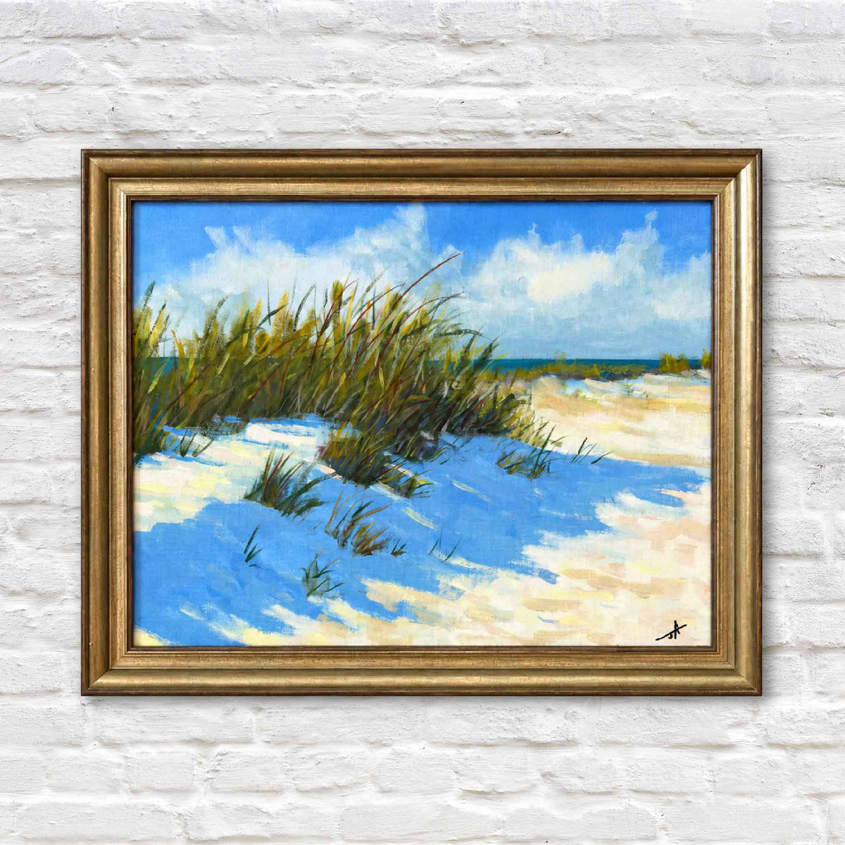 Main image alt text
Dune Shadows original oil painting by local artist Jamie Arnold featuring sunlit coastal dunes, sea oats, blue shadows and an ocean view, framed and available at Gray Man Gallery in Pawleys Island, South Carolina.