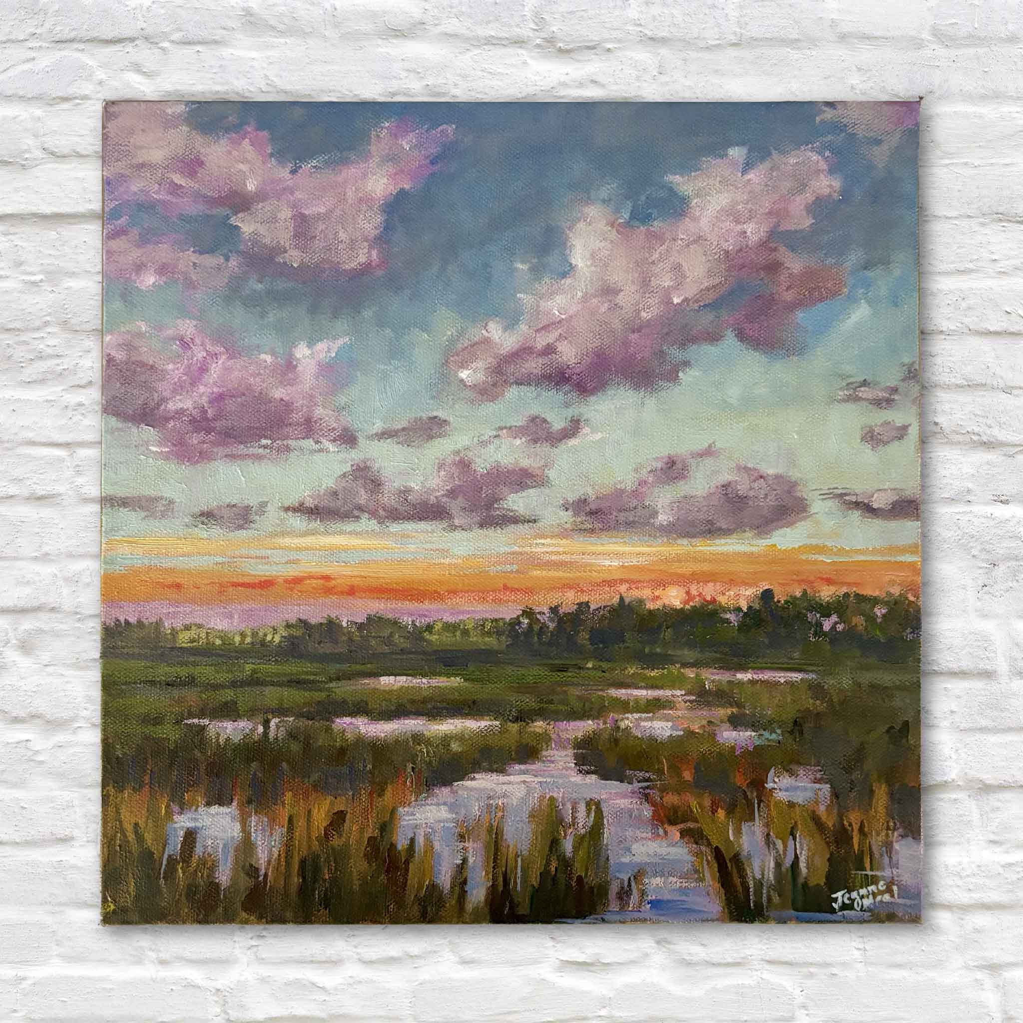 After Sunset by Jeanne O'Neal, an original marsh landscape oil painting featuring vibrant pink clouds, glowing sunset colors, winding tidal creeks, and Lowcountry marsh scenery on a gallery wrapped canvas with painted edges.