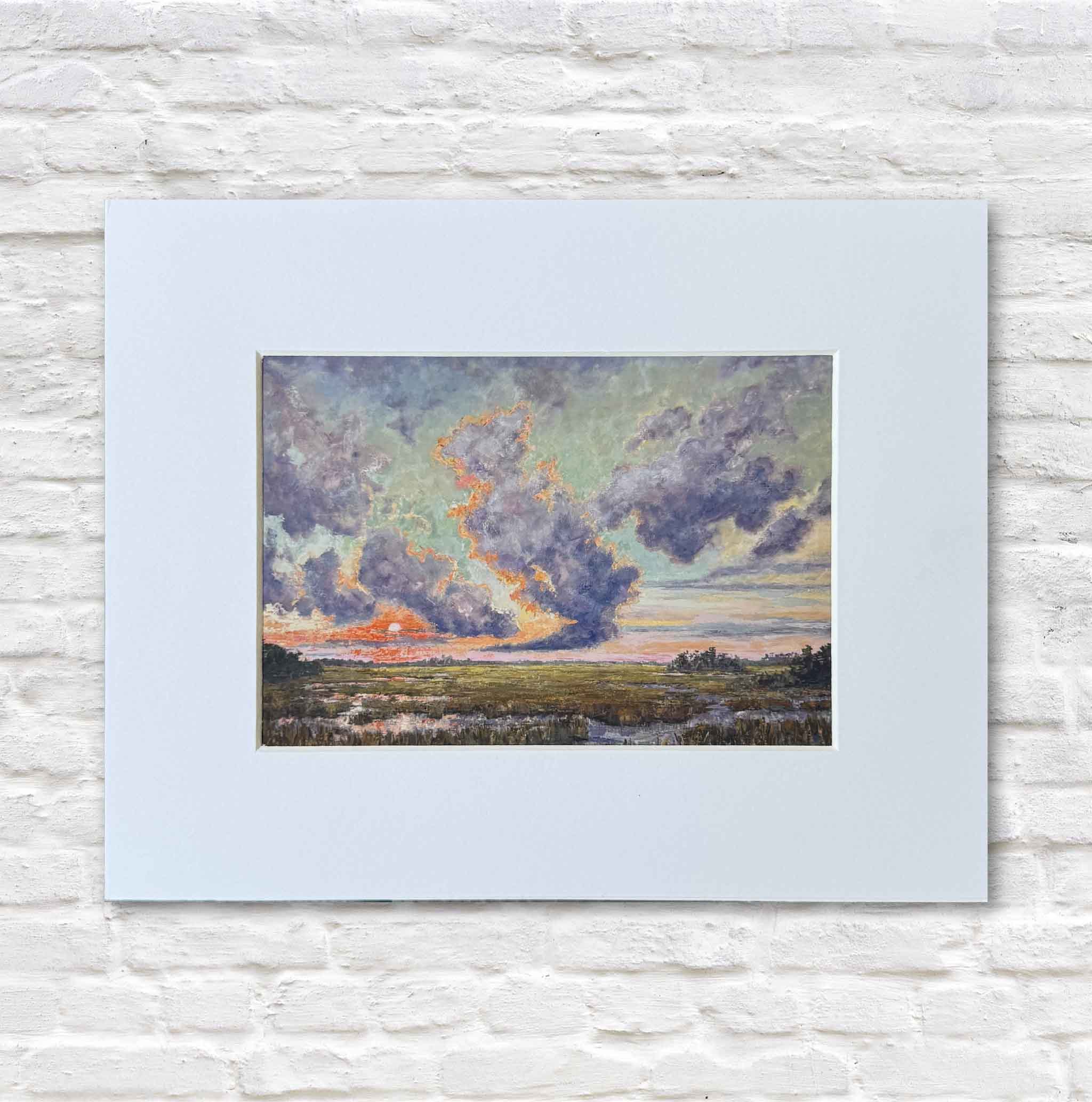 BAM! by Jeanne O’Neal, a fine art giclée print of a dramatic South Carolina Lowcountry marsh sunset with towering purple storm clouds, fiery orange light and wetland reflections, matted to 8×10 and available at Gray Man Gallery in Pawleys Island.