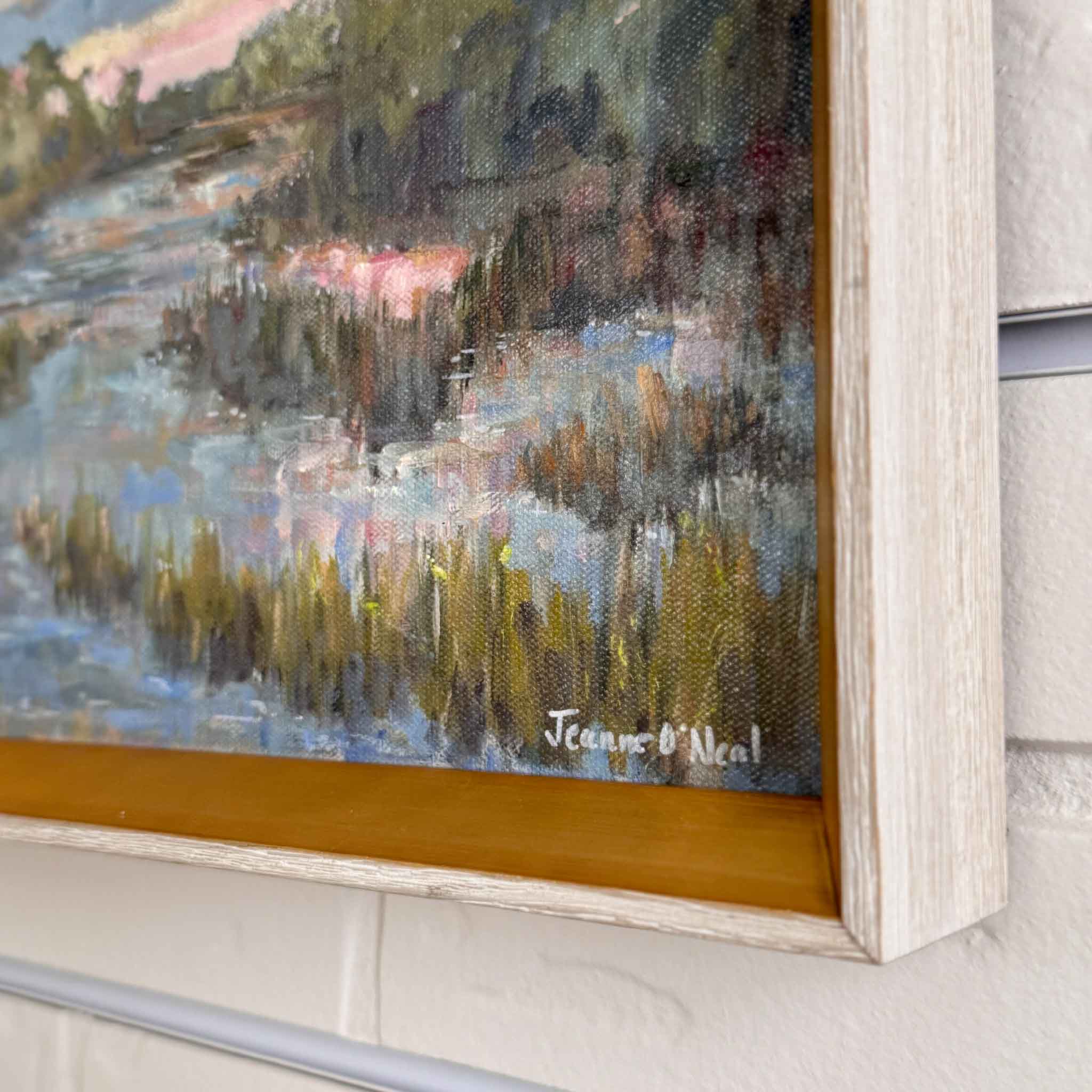 End of Summer’ by Jeanne O’Neal — original 12x9 marsh landscape oil painting with sunset sky and golden frame.