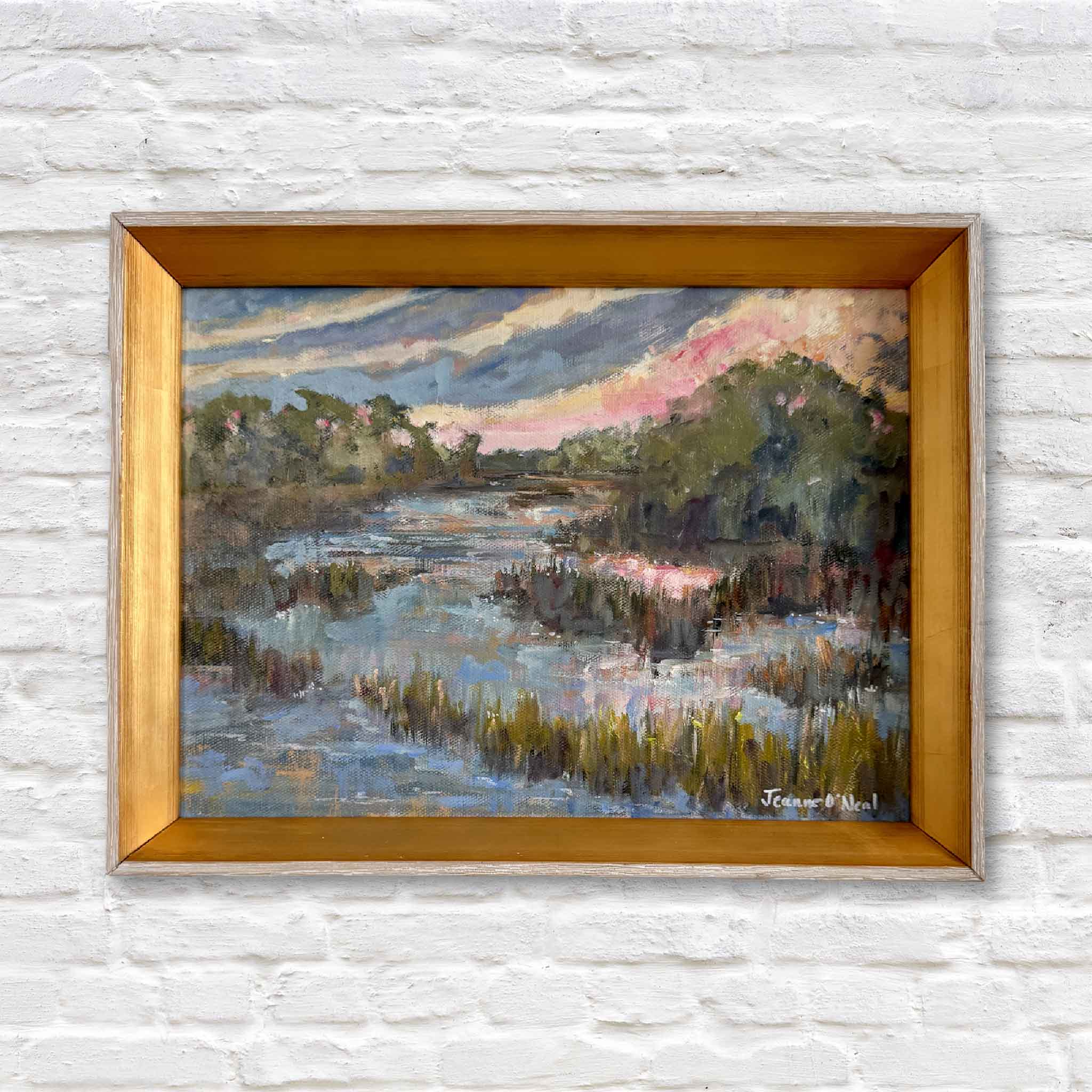 End of Summer’ by Jeanne O’Neal — original 12x9 marsh landscape oil painting with sunset sky and golden frame.