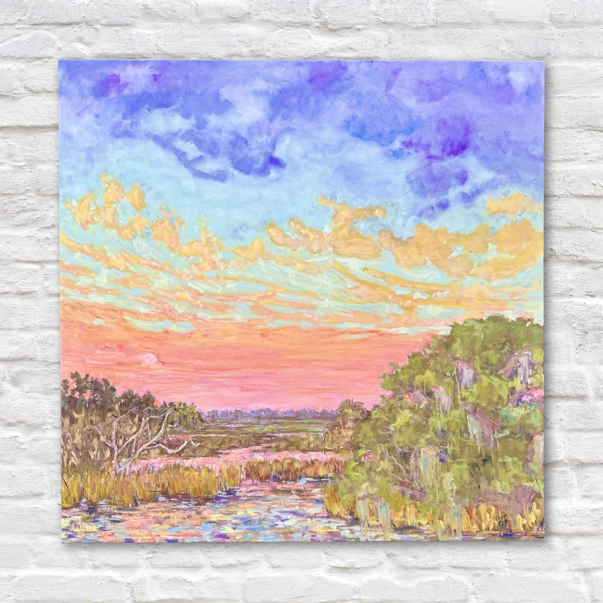 Original oil painting Hugs & Kisses: Afterglow by Jeanne O'Neal featuring a glowing Pawleys Island salt marsh beneath a dramatic sunset sky filled with lavender, turquoise, coral, peach, and gold clouds. This 36x36 gallery-wrapped canvas with hand-painted gold edges is available at Gray Man Gallery in Pawleys Island, South Carolina.