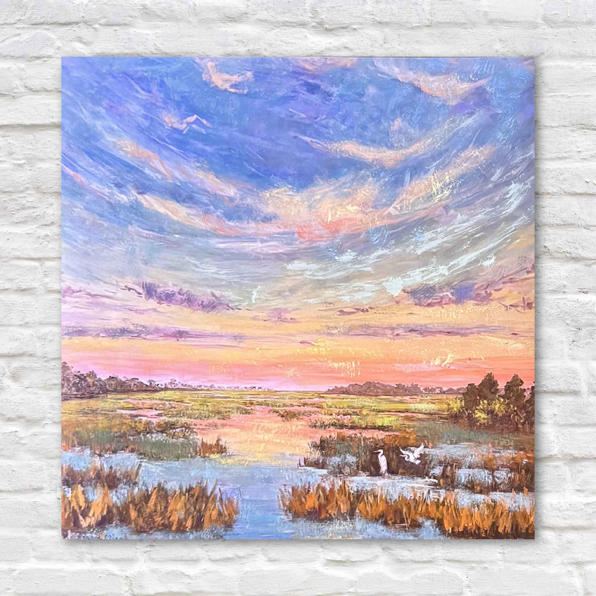 Jeanne O’Neal Marsh at First Light enhanced giclée print featuring a glowing Lowcountry marsh at sunrise with soft pastel sky and reflective water, matted for framing