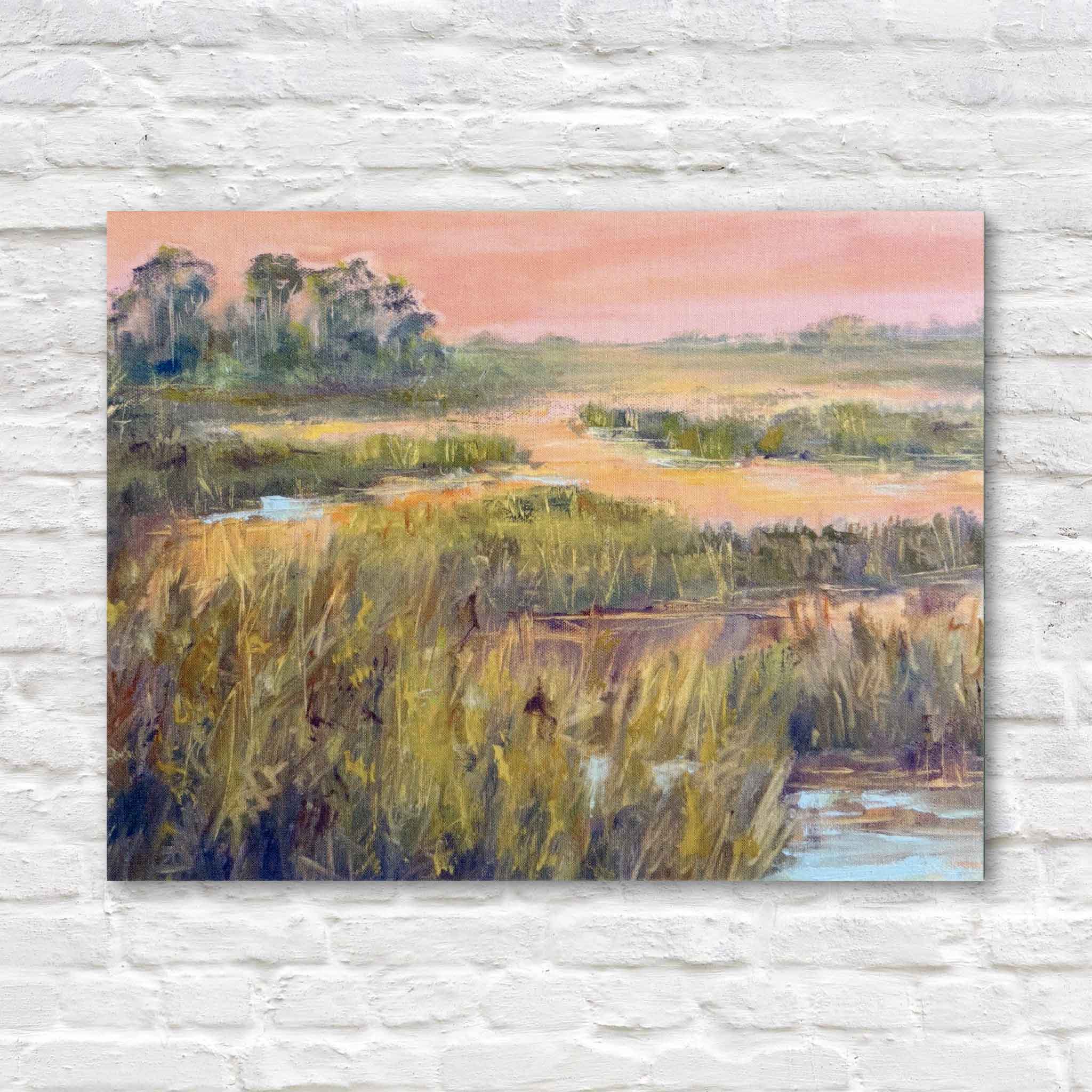Marsh Glow Lowcountry marsh sunset landscape artwork by local Pawleys Island artist Jeanne O’Neal reproduced as blank coastal notecards available at Gray Man Gallery in Pawleys Island South Carolina