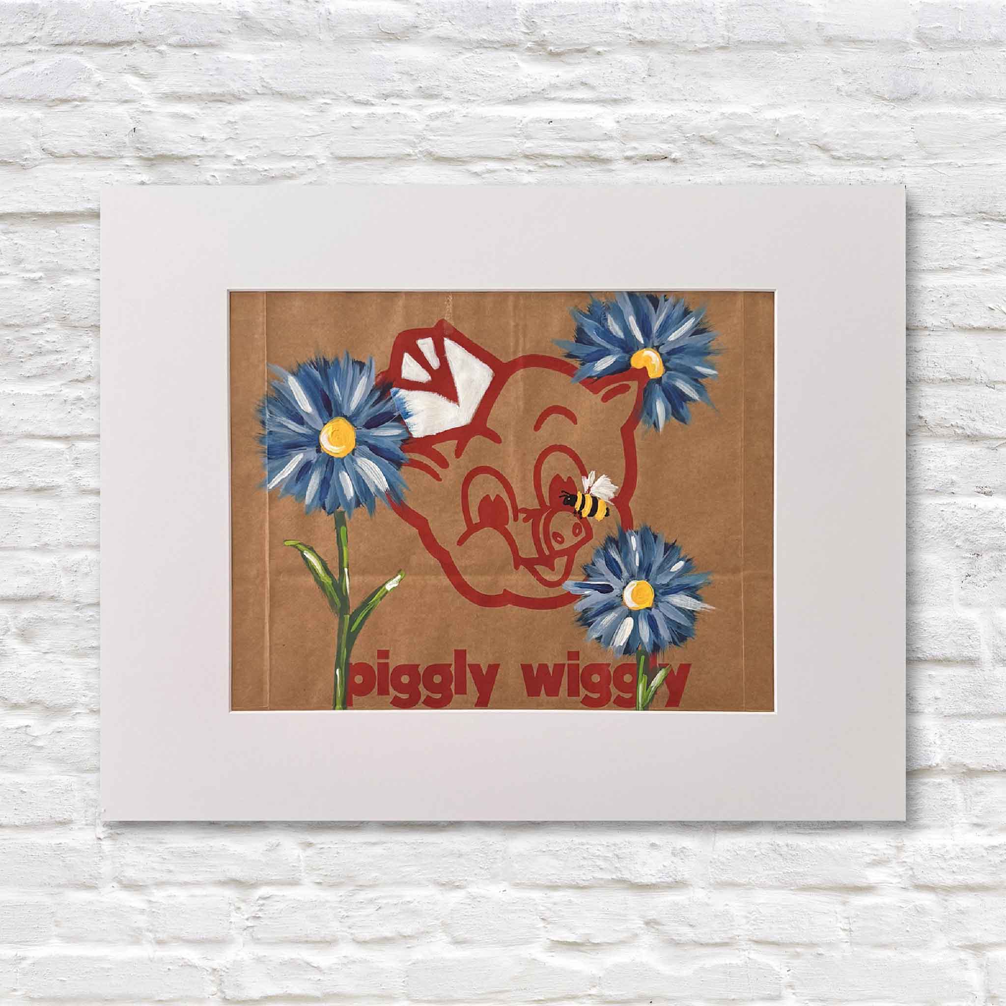 “Piggly Wiggly: Blue Blooms & Bee,” an original Jenny Reynolds painting on a Piggly Wiggly grocery bag featuring blue flowers and a bee.