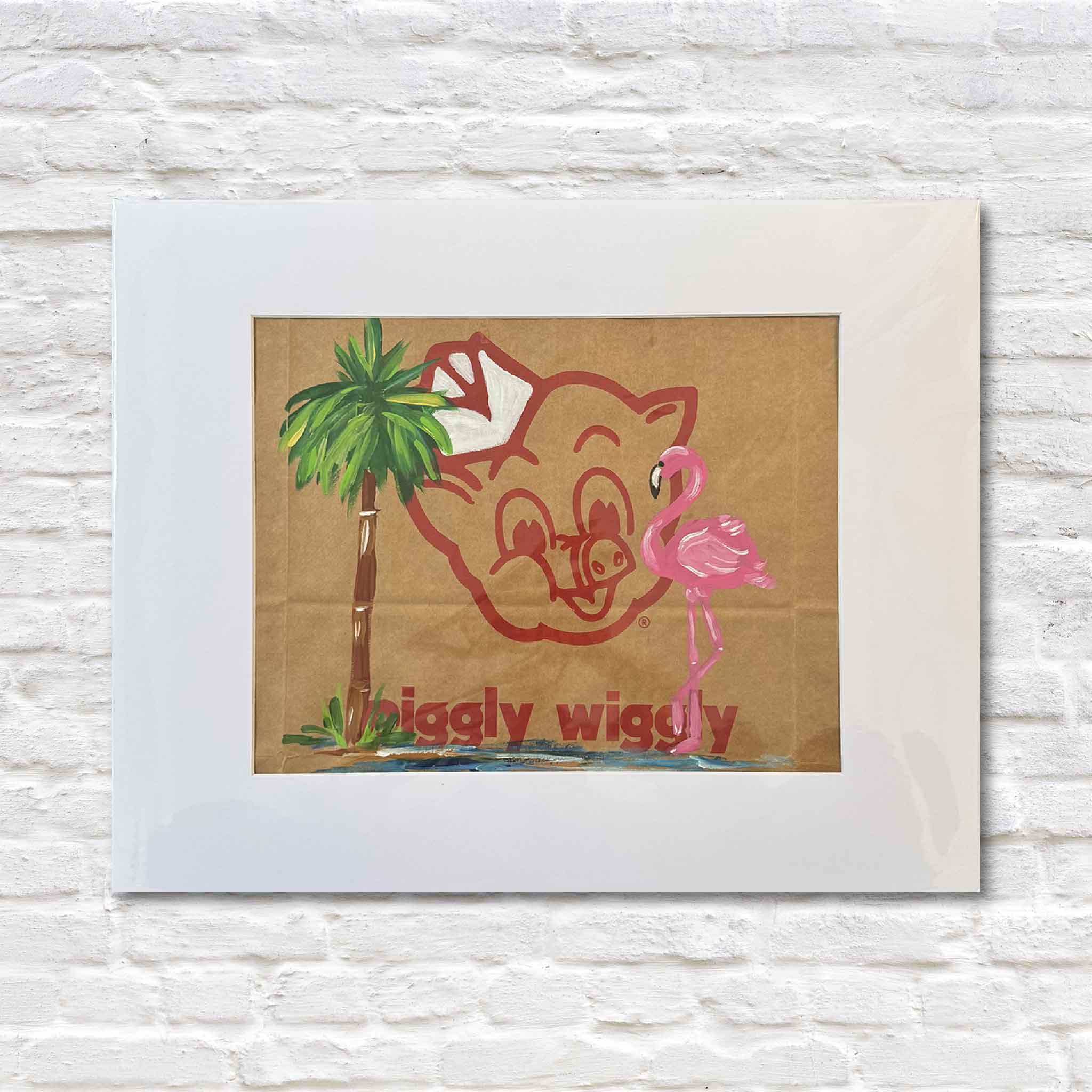 Image of Jenny Reynolds’ original Flamingo & Palm painting, hand-painted on a Piggly Wiggly grocery bag and matted to 20x16.