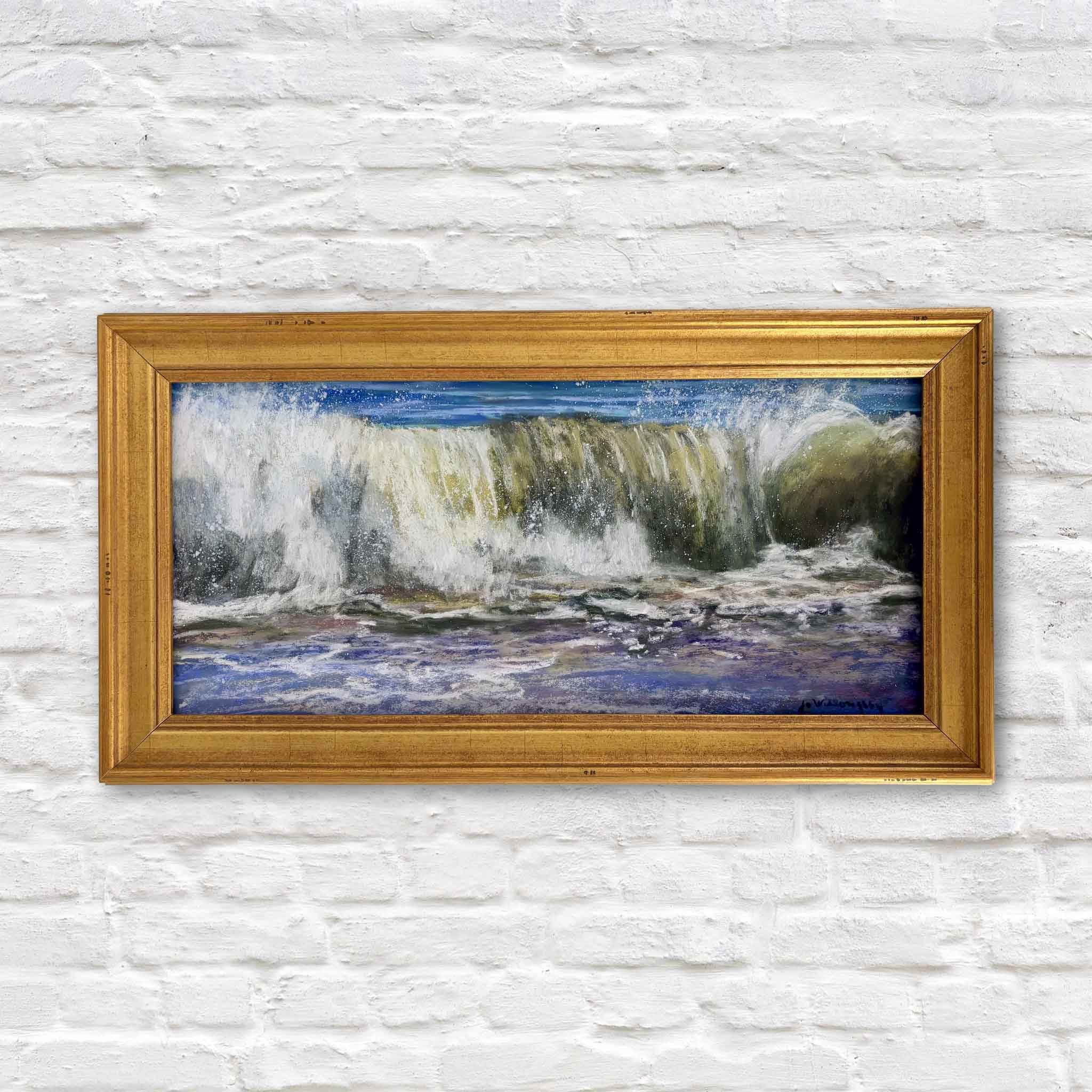 Original pastel painting Crescendo by local artist Joanne Willoughby featuring a powerful Atlantic wave curling into brilliant white surf, professionally framed with museum glass and available at Gray Man Gallery in Pawleys Island, South Carolina.