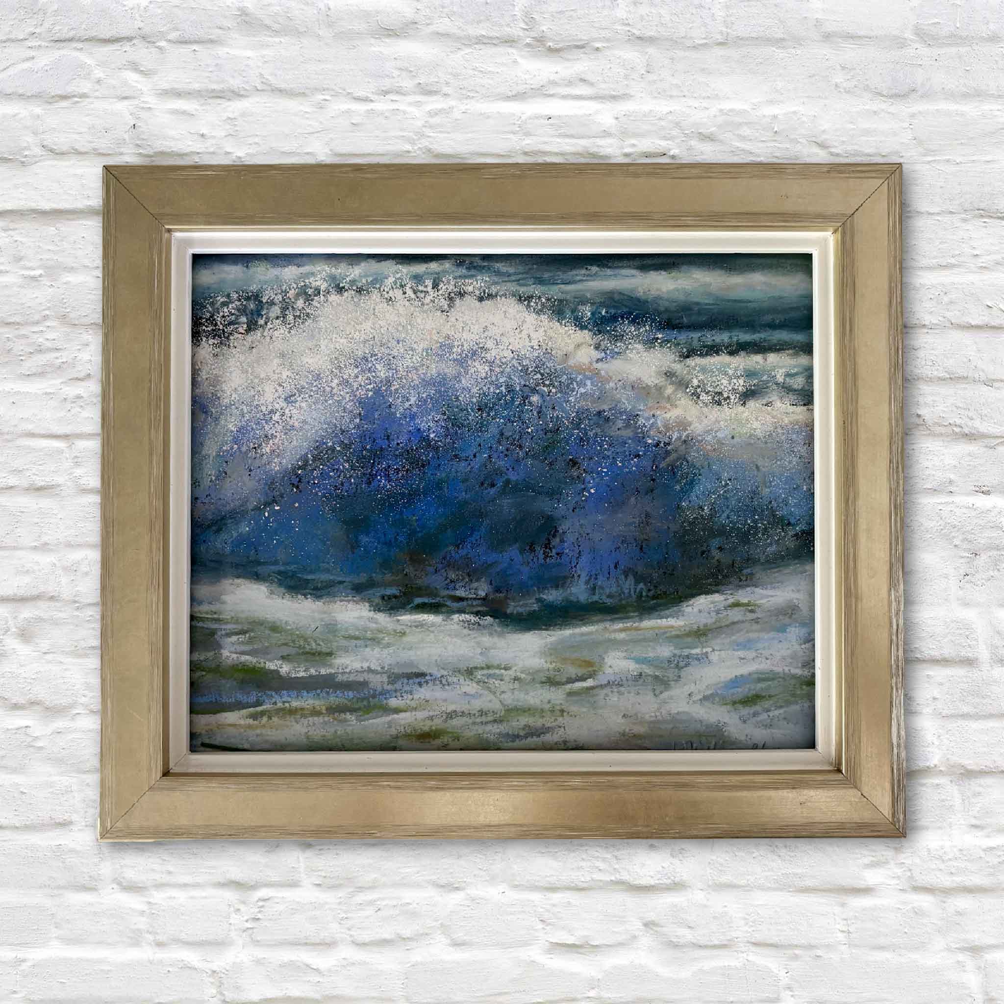 Original soft pastel Exhilaration by Joanne Willoughby depicting a powerful Atlantic Ocean wave cresting with brilliant blue water and white sea spray, professionally framed and available at Gray Man Gallery in Pawleys Island, South Carolina.