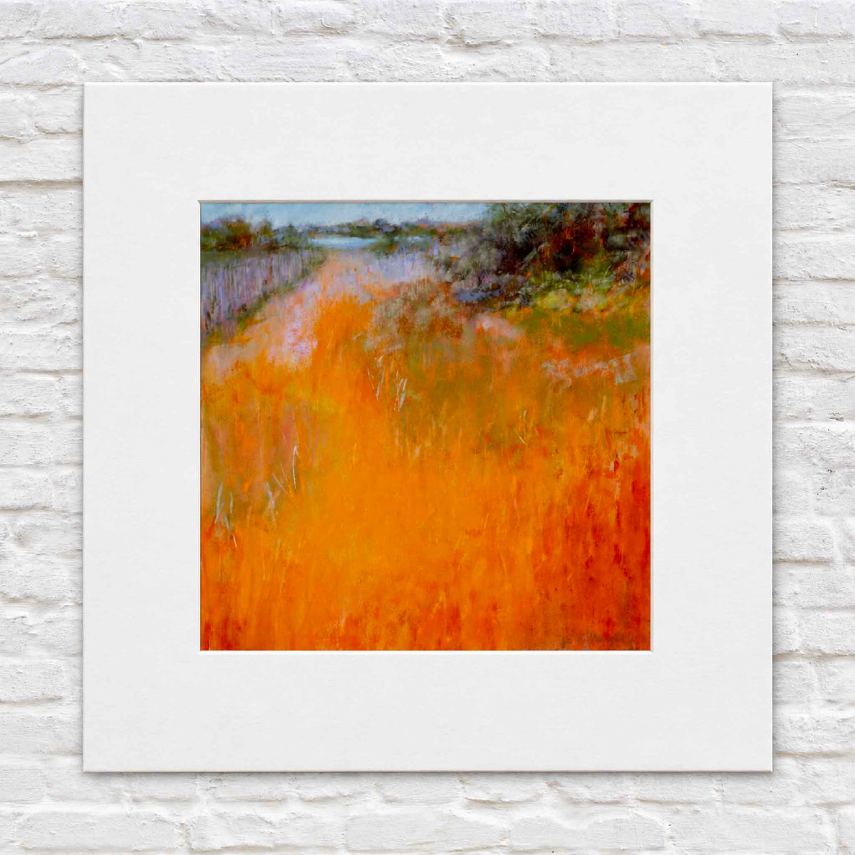 Heating Up giclée print by South Carolina pastel artist Joanne Willoughby, reproduced from her original pastel painting of a vibrant Lowcountry marsh landscape with brilliant orange grasses, soft blue water and coastal vegetation, available at Gray Man Gallery in Pawleys Island, South Carolina