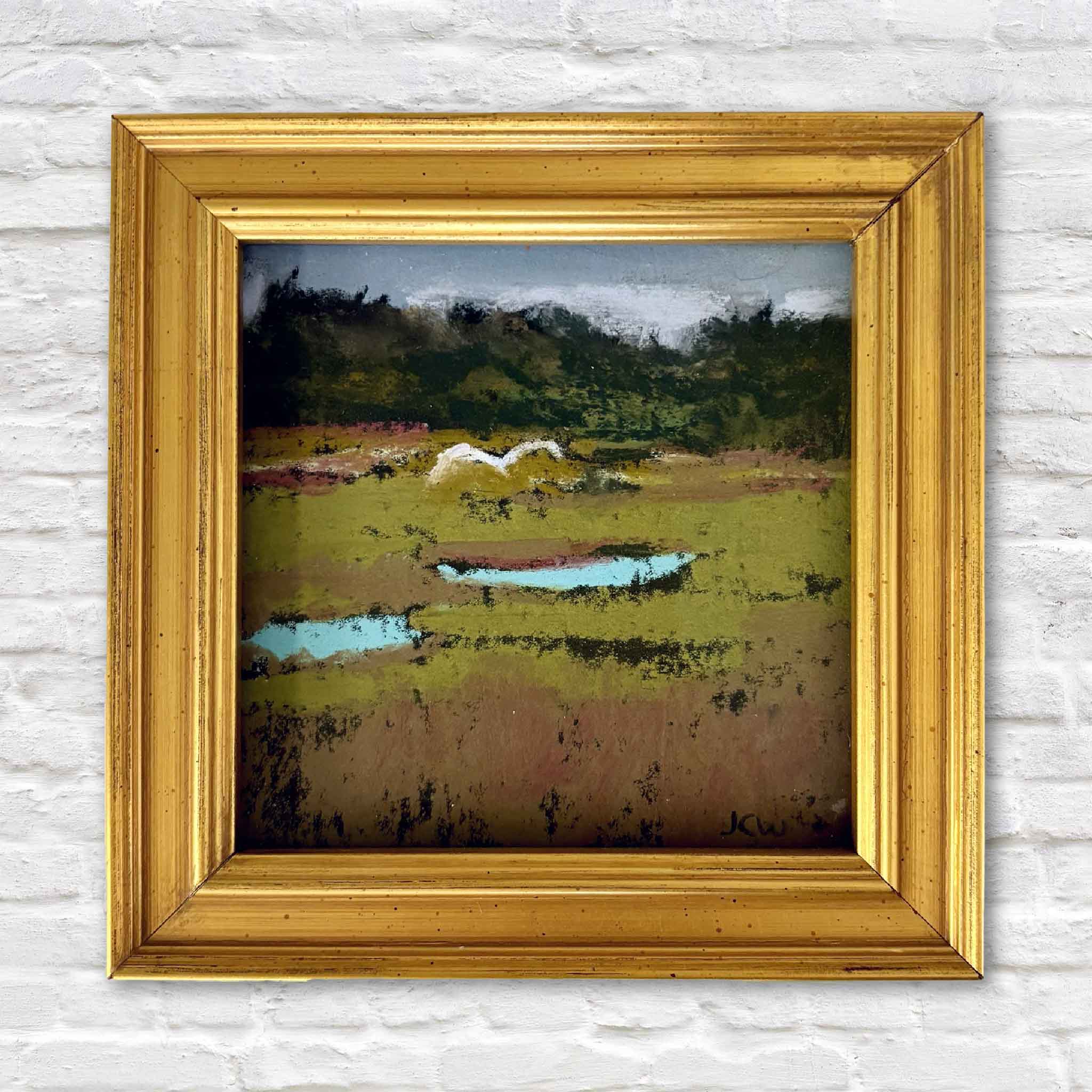 Over the Marsh by local artist Joanne Willoughby, an original pastel of a peaceful Lowcountry marsh with two white egrets, reflective blue tidal pools, and native marsh grasses, professionally framed with Water White glass and available at Gray Man Gallery in Pawleys Island, South Carolina.