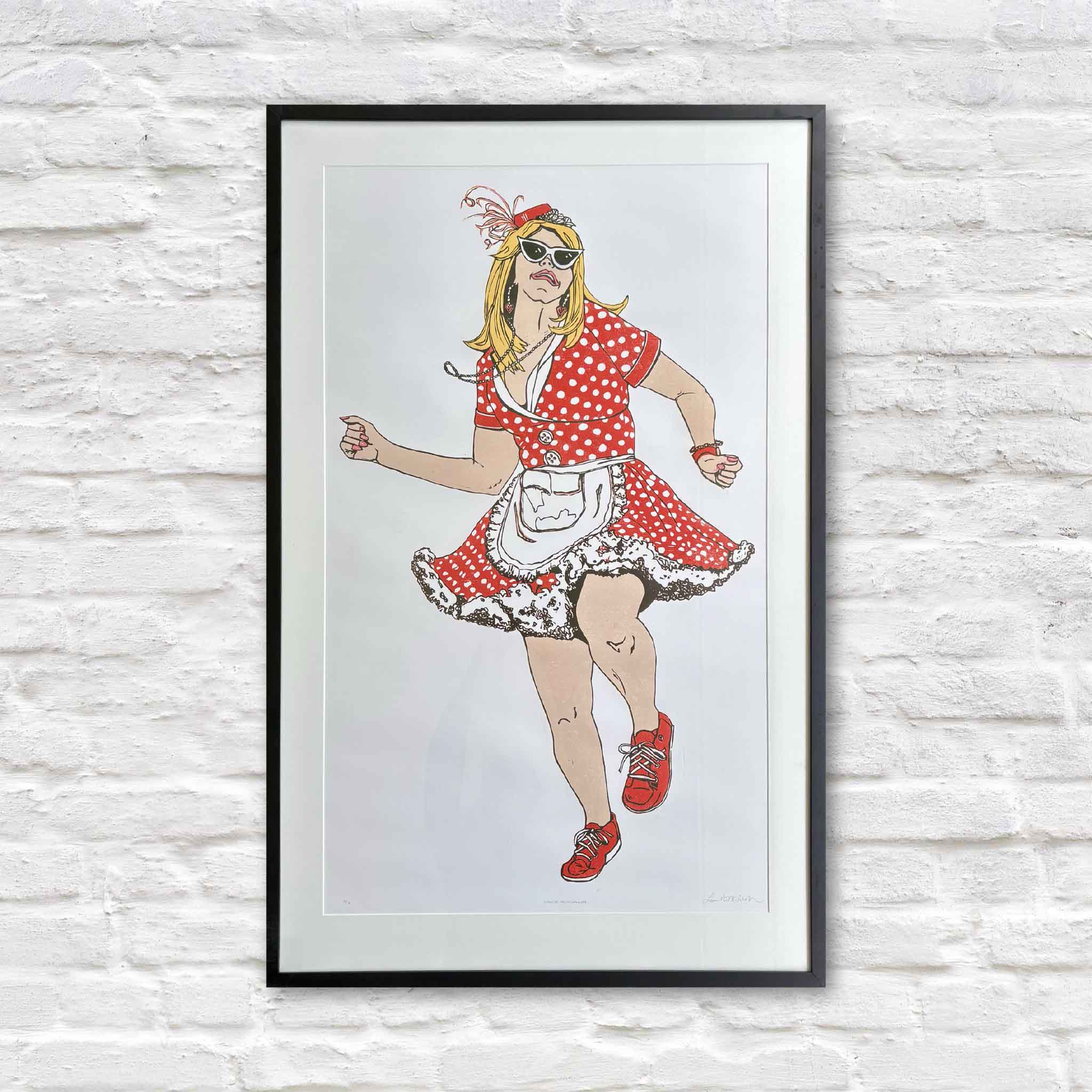 Mande Milkshaker by Laurie Brownell McIntosh, an original oil reduction linocut featuring a dancing woman in a red polka-dot dress inspired by Louisiana's famous Mande Milkshakers, professionally matted and framed at Gray Man Gallery in Pawleys Island, South Carolina.