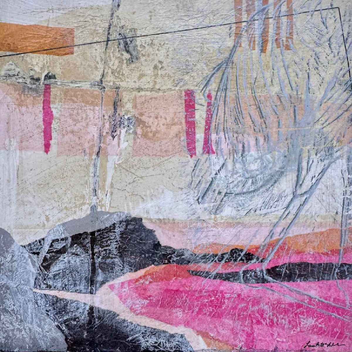 Textured abstract artwork in layered shades of soft blue, blush, charcoal and vivid pink by Laurie Brownell McIntosh, featured in the Residuals collection of unexpected original works at Gray Man Gallery in Pawleys Island, South Carolina.