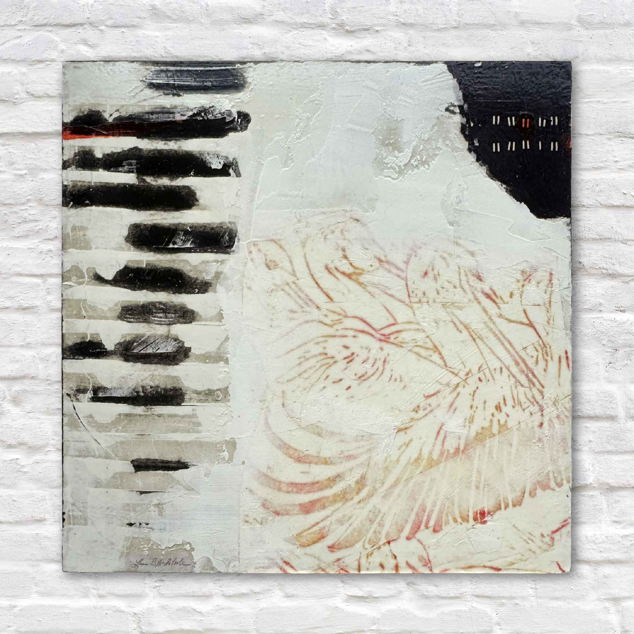 Mixed-media artwork Foggy Pelican by Laurie McIntosh, featuring soft pelican linework, layered textures, and abstract coastal tones.