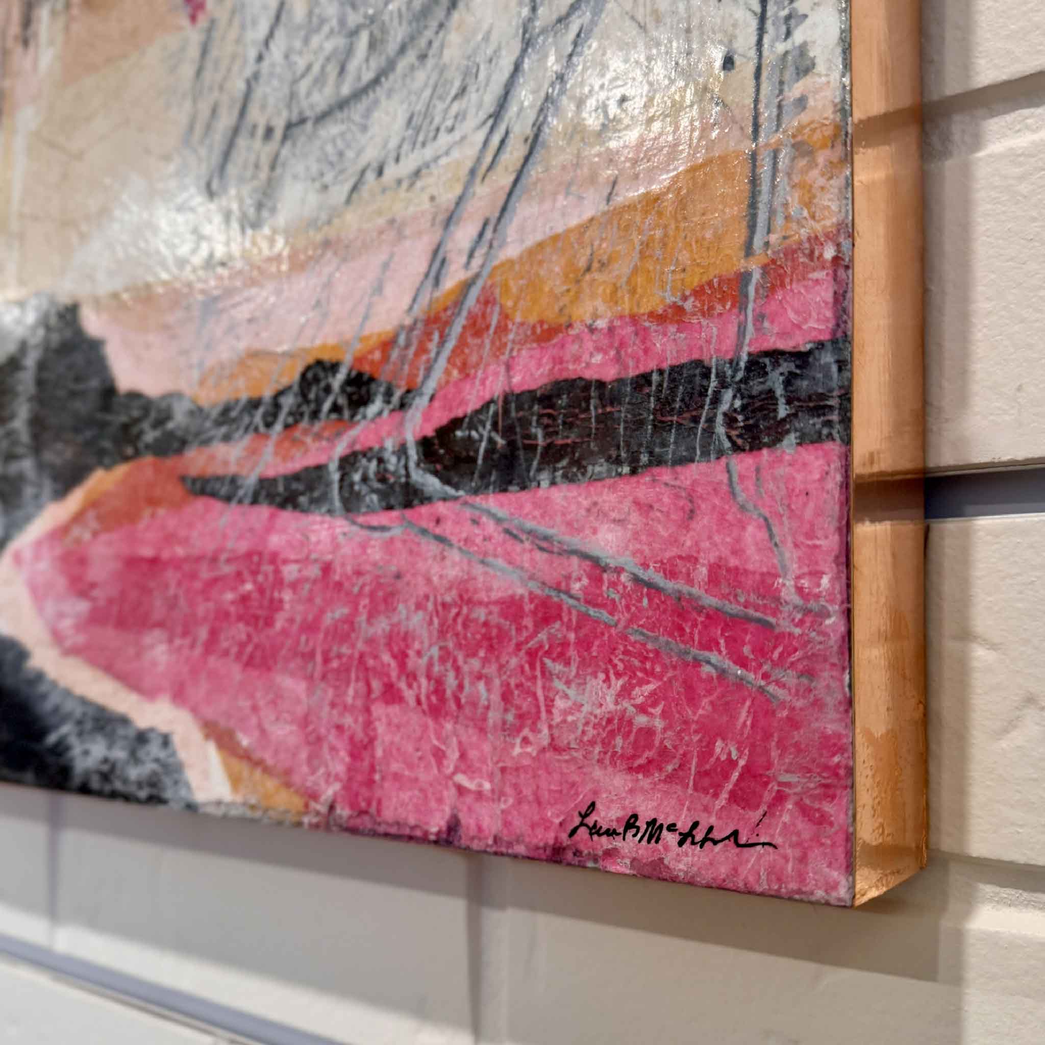 Angled detail of “Henredon B,” showing textured mixed-media surface and hand-applied rose-gold leaf edges.