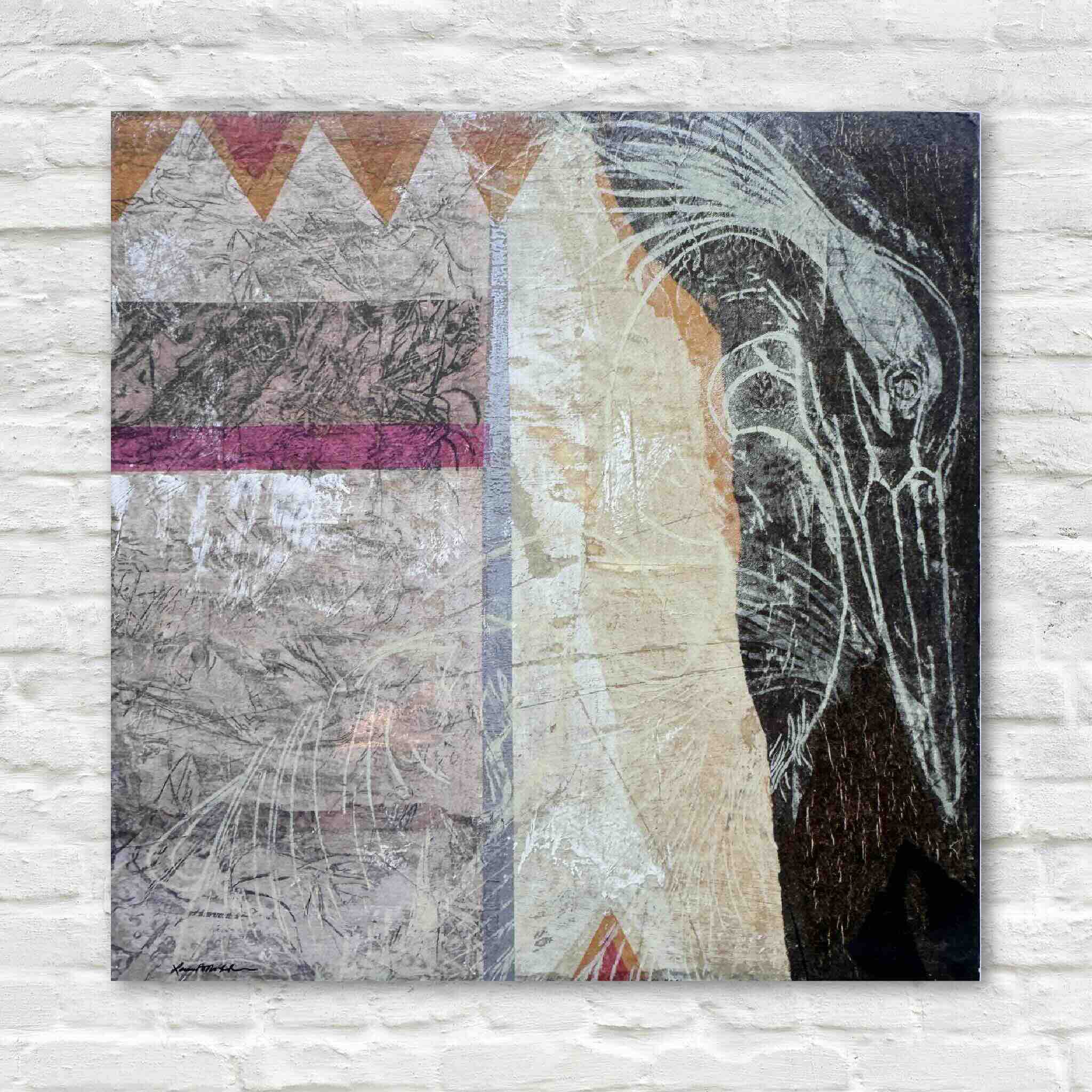 Laurie McIntosh abstract mixed media artwork “Henredon C” from the Residuals series, shown on a white brick wall.