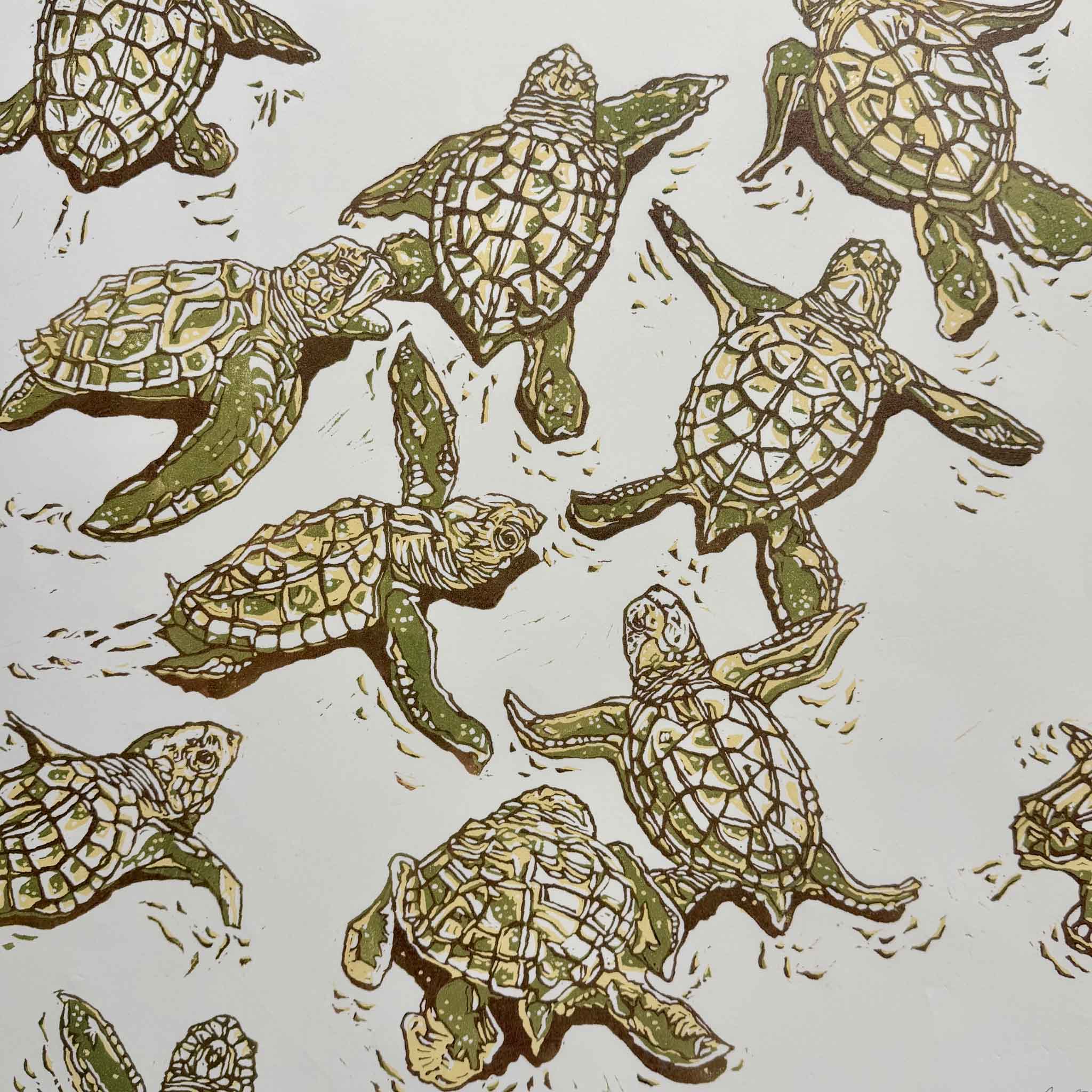 Close-up detail of Laurie McIntosh’s Let’s Follow Her original reduction linocut showing the intricate hand-carved lines, layered inks and individual shell patterns of sea turtles swimming together, revealing the craftsmanship of McIntosh’s hand-pulled reduction printmaking process at Gray Man Gallery in Pawleys Island, South Carolina.
