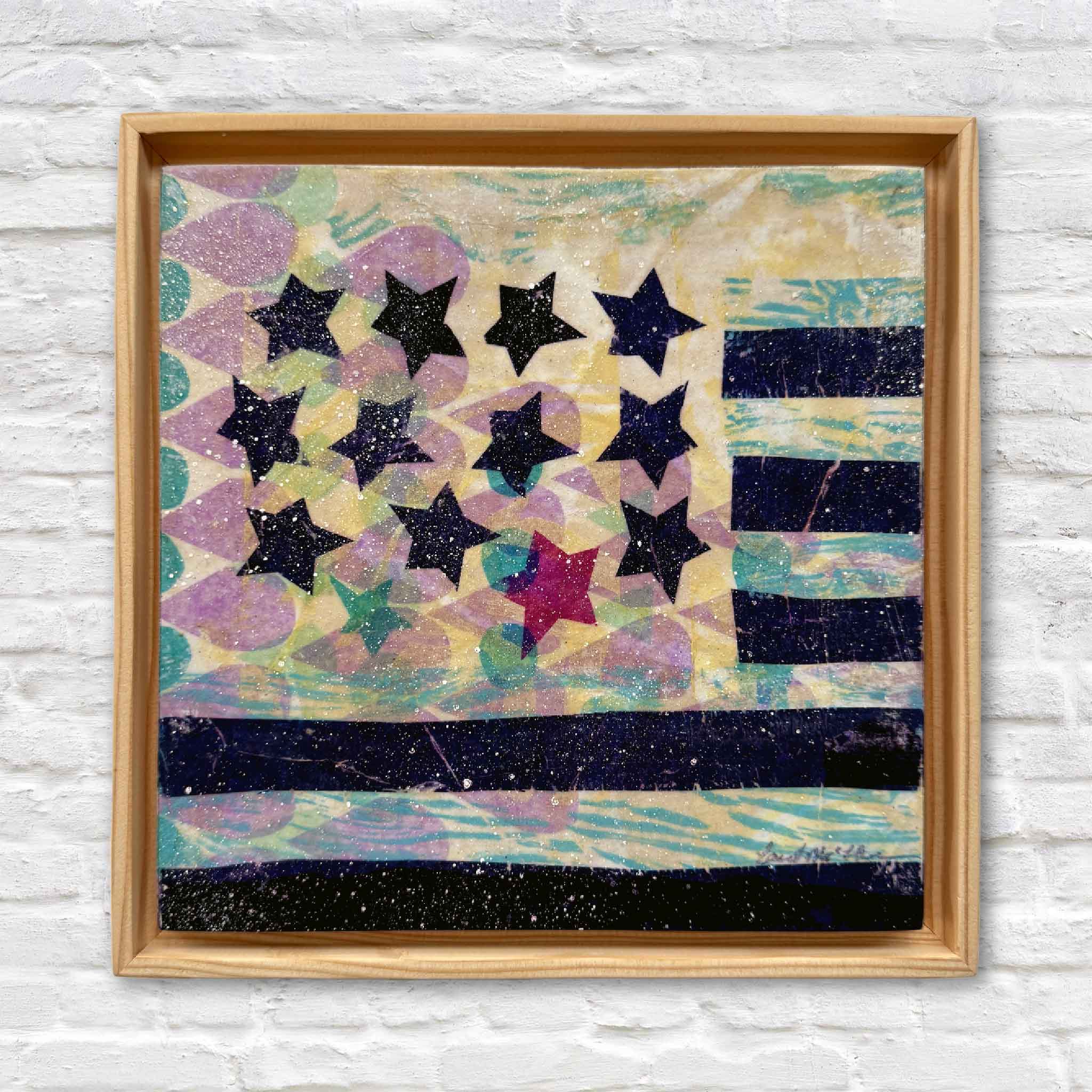Laurie McIntosh Residuals 1A mixed-media original with layered stars in a rustic wooden floater frame.