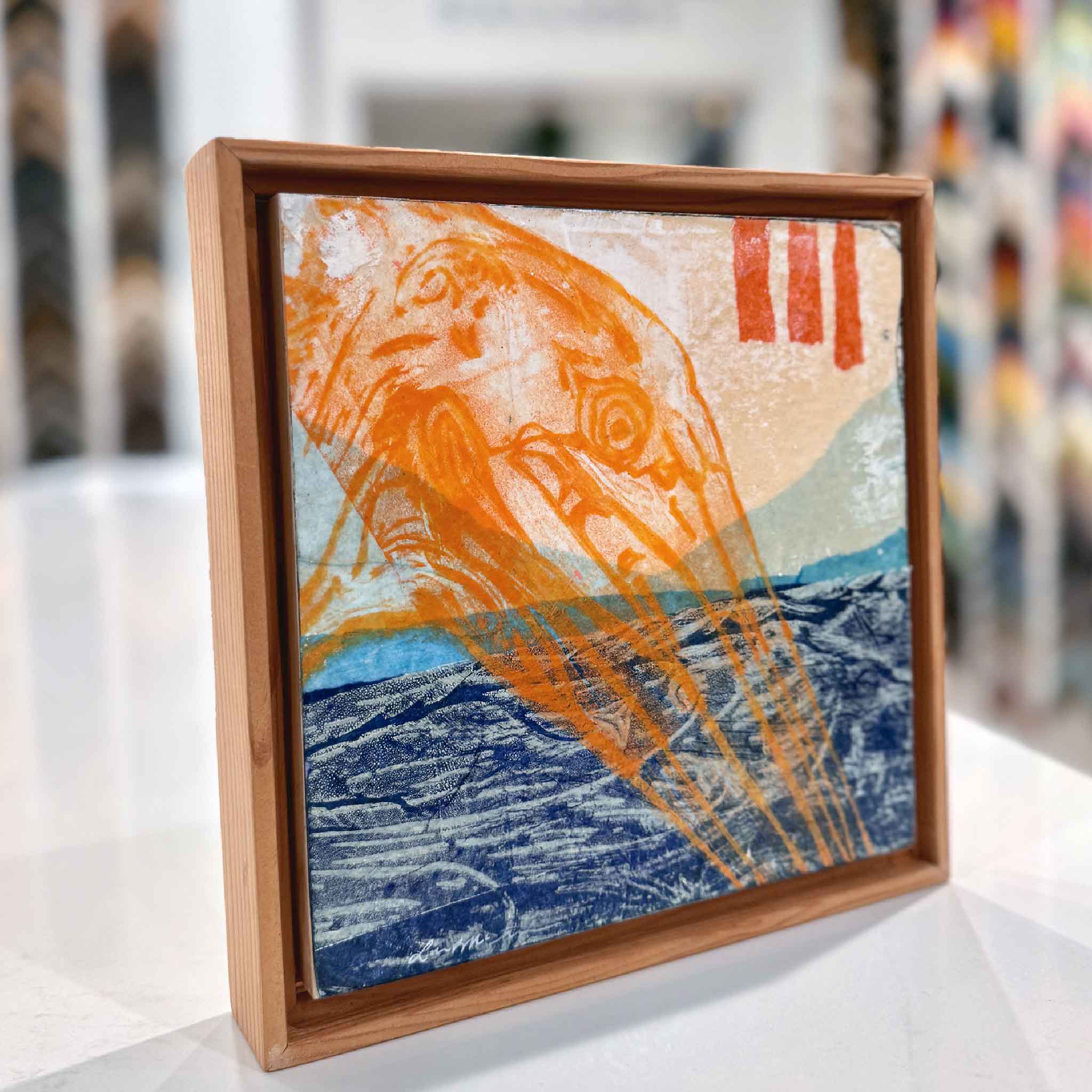 Side view of Laurie McIntosh’s mixed-media piece 1D showing layered texture and natural wood floater frame inside Gray Man Gallery.