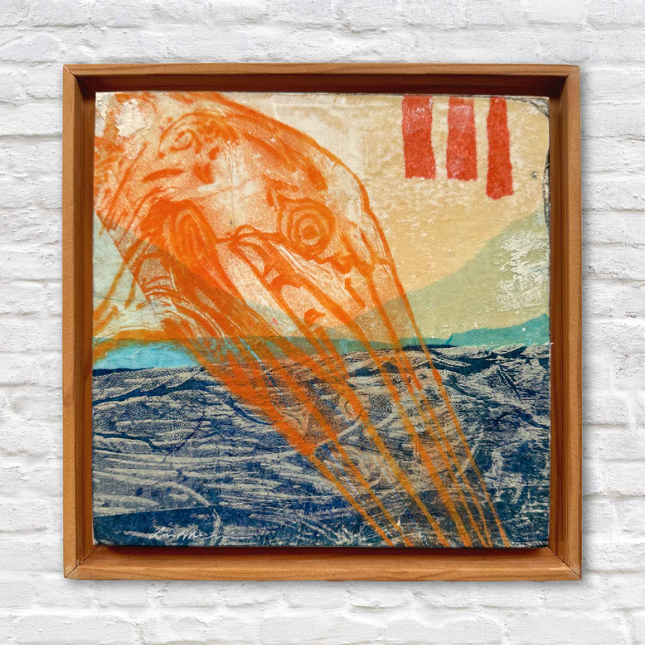 Mixed-media artwork 1D by Laurie McIntosh from The Residuals collection, featuring bold orange forms over blue textures in a rustic wood floater frame.