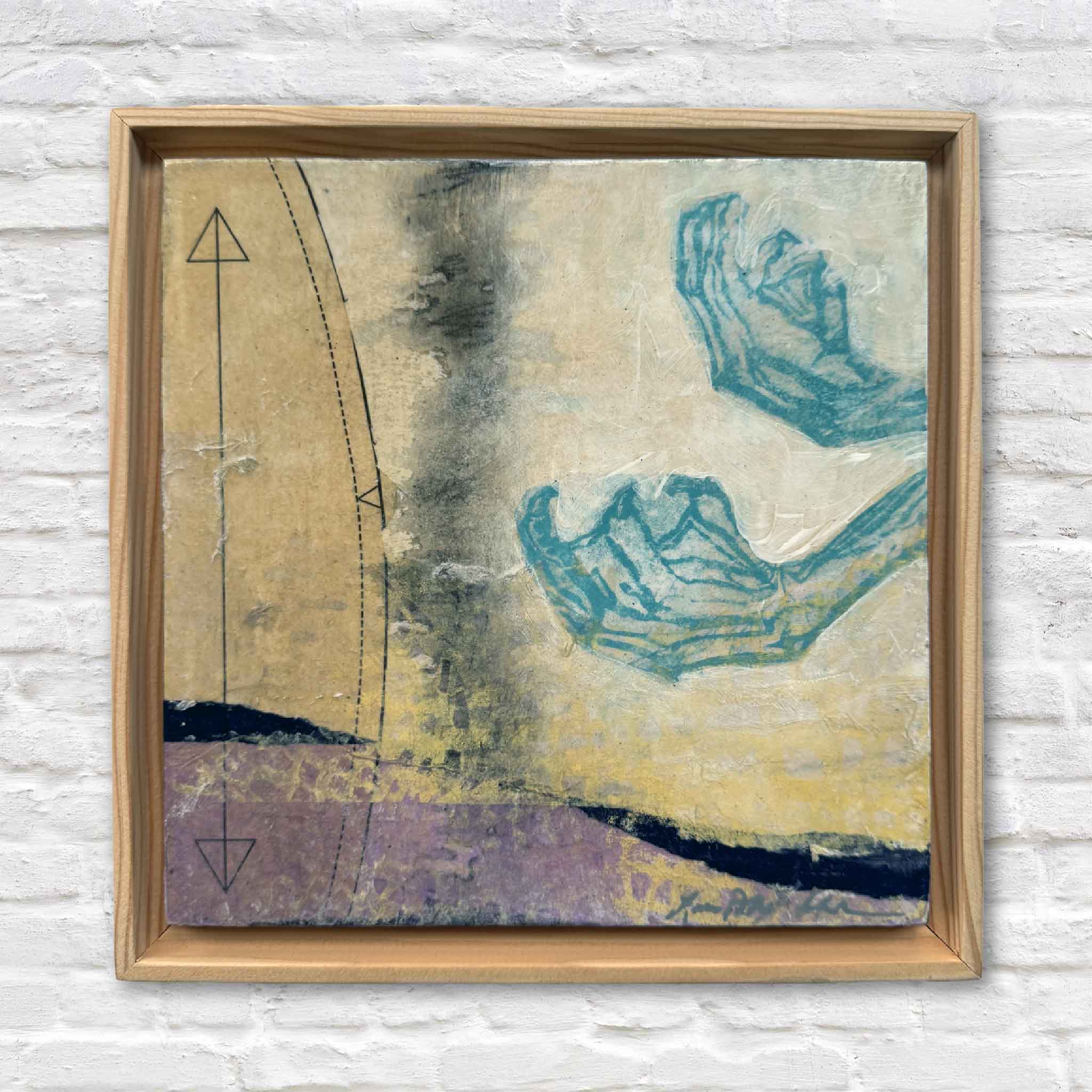 Original mixed-media artwork 5A by Laurie McIntosh in a rustic wooden floater frame, featuring layered textures and blue abstract forms.