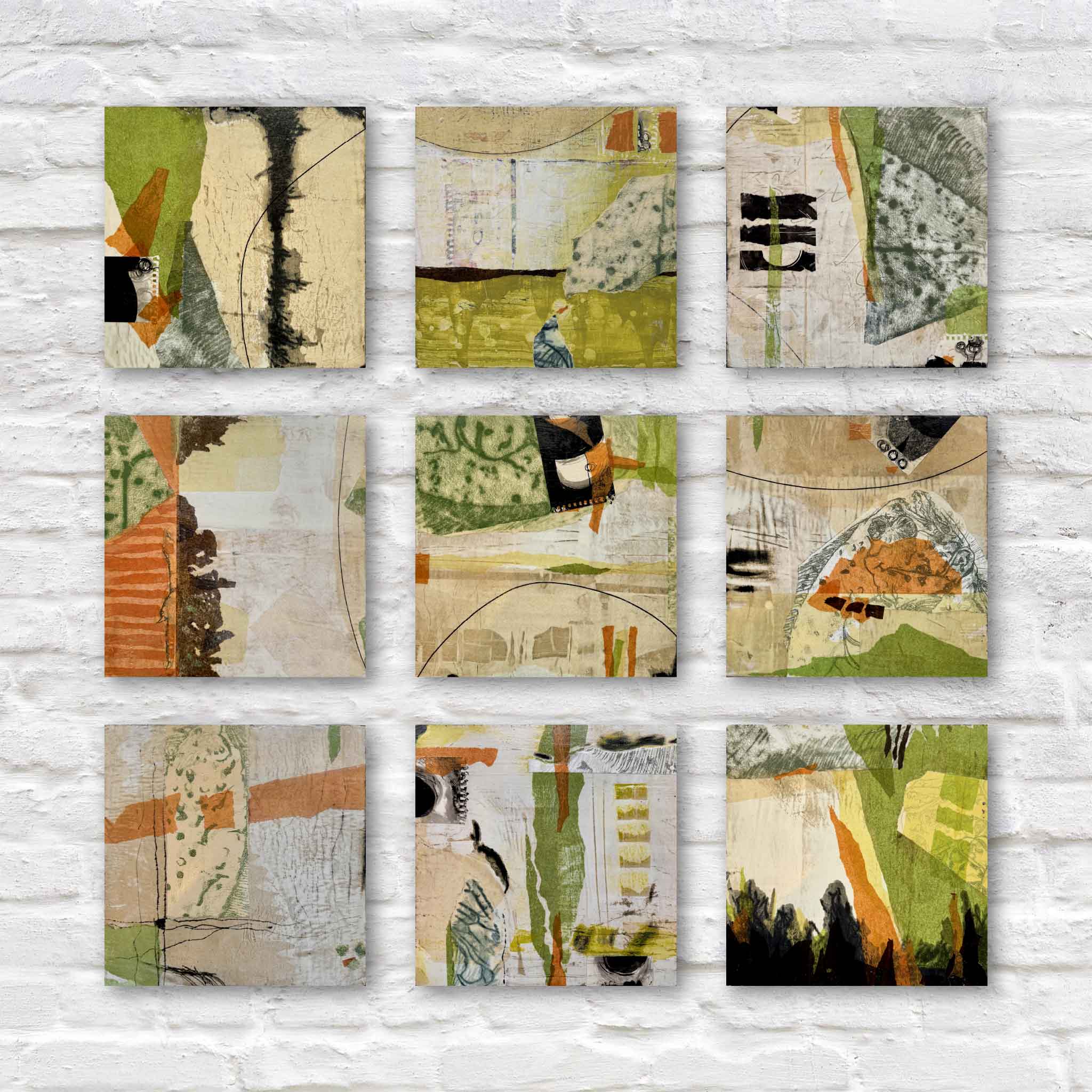Nine mixed-media abstract panels by Laurie McIntosh arranged in a 3×3 grid, featuring layered textures, soft greens and neutrals, and subtle references to her “Flat Fred” imagery.
