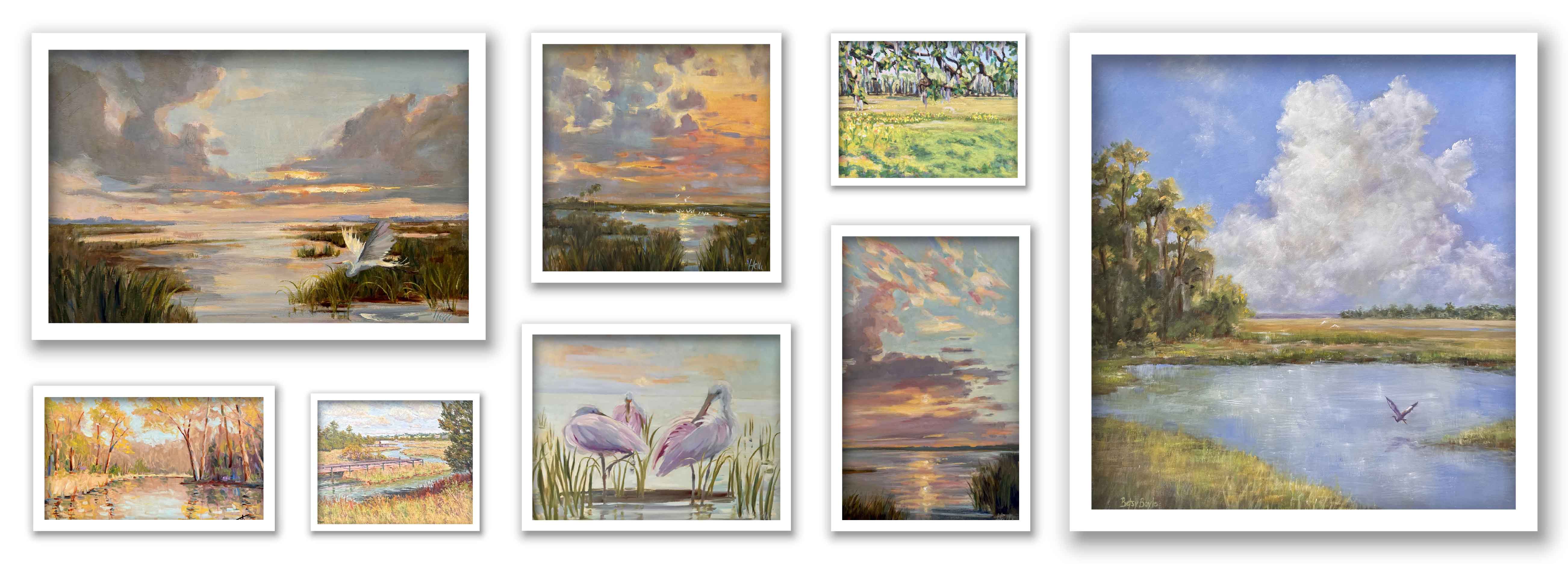 Curated collage of framed Lowcountry landscape paintings by local artists at Gray Man Gallery in Pawleys Island, South Carolina, featuring marsh scenes, coastal skies, birds, and waterways in soft, painterly tones, arranged in a clean gallery-style layout that highlights a mix of sizes and compositions including large statement pieces and smaller works, all presented in neutral frames against a light background to showcase the depth, color, and texture of original artwork inspired by the SC coast