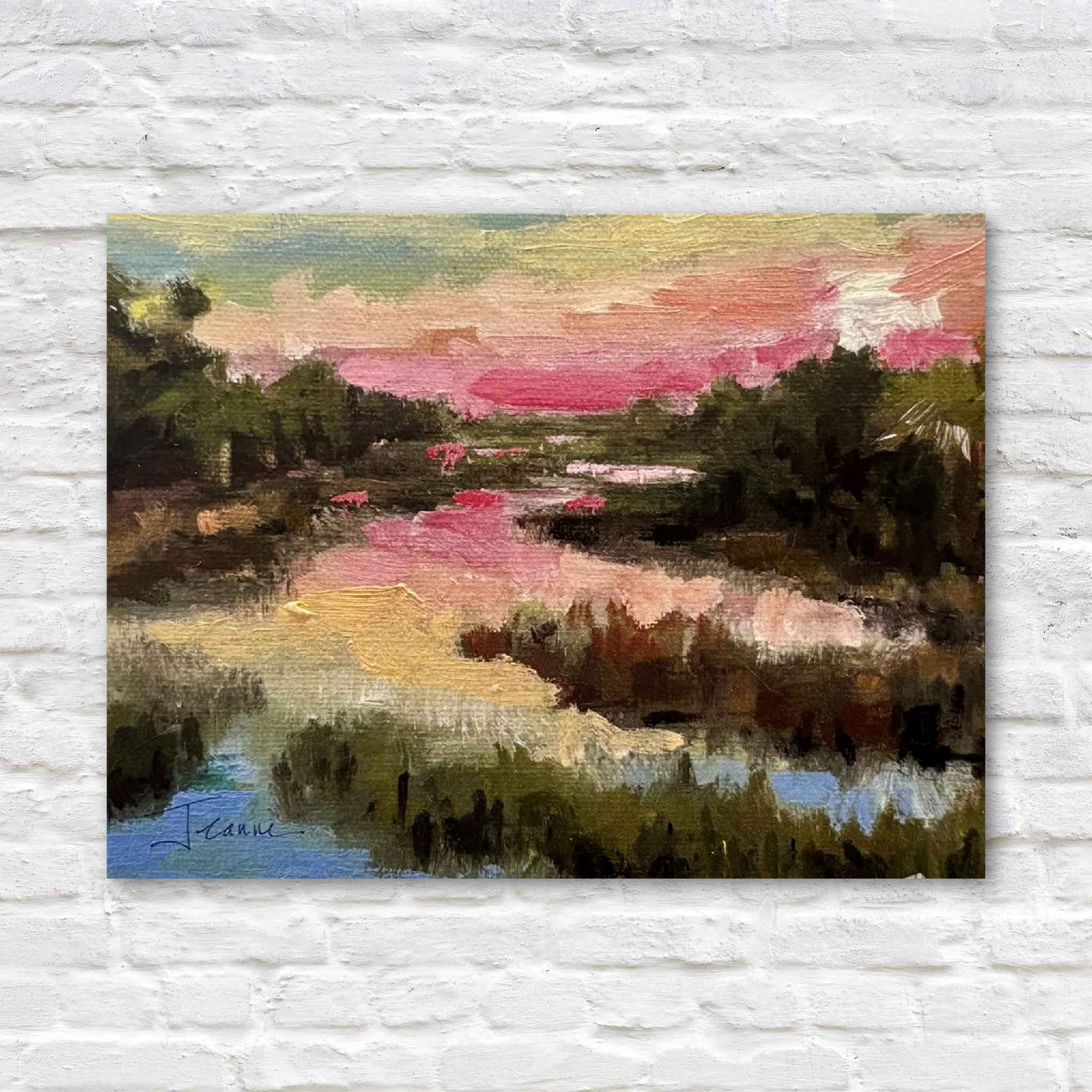 Lowcountry marsh painting by local artist Jeanne O’Neal featuring vivid pink sunset skies reflected over tidal creeks and marsh grasses, available as notecards at Gray Man Gallery Pawleys Island