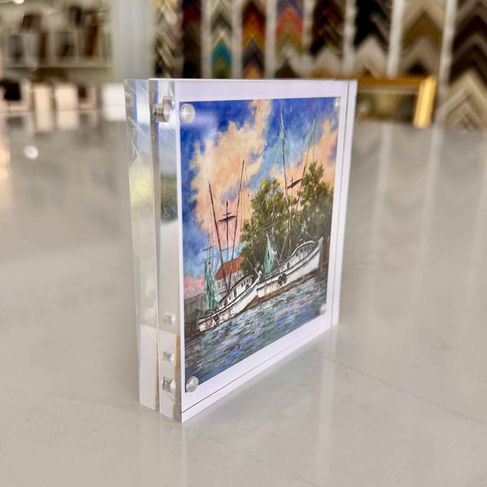 End of Day giclée print by Jeanne O’Neal, 4x4 acrylic block featuring shrimp boats docked under a pastel sunset, coastal South Carolina art, exclusive to Gray Man Gallery