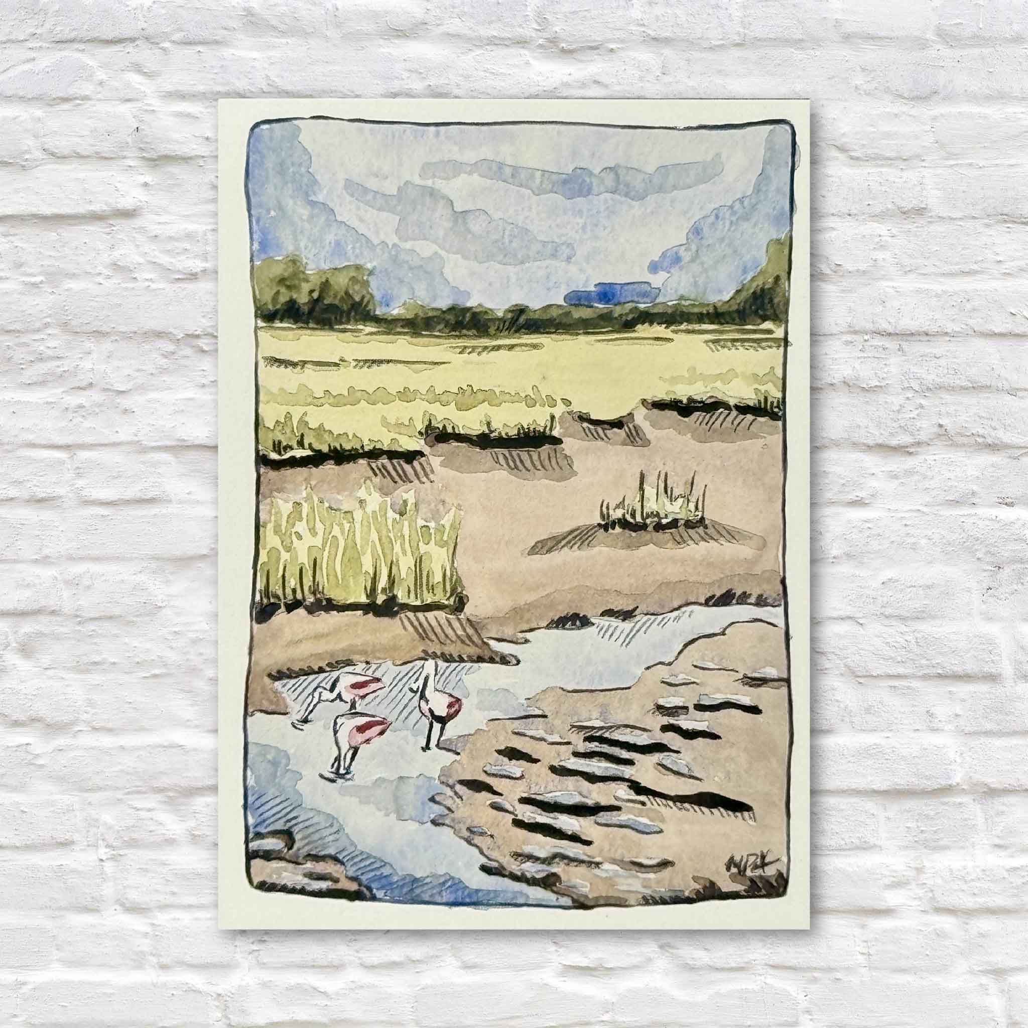 Archival 5x7 giclée print of Following the Tide by South Carolina artist Maggie Pelton featuring Roseate Spoonbills feeding across a Lowcountry tidal flat, available at Gray Man Gallery in Pawleys Island, South Carolina.