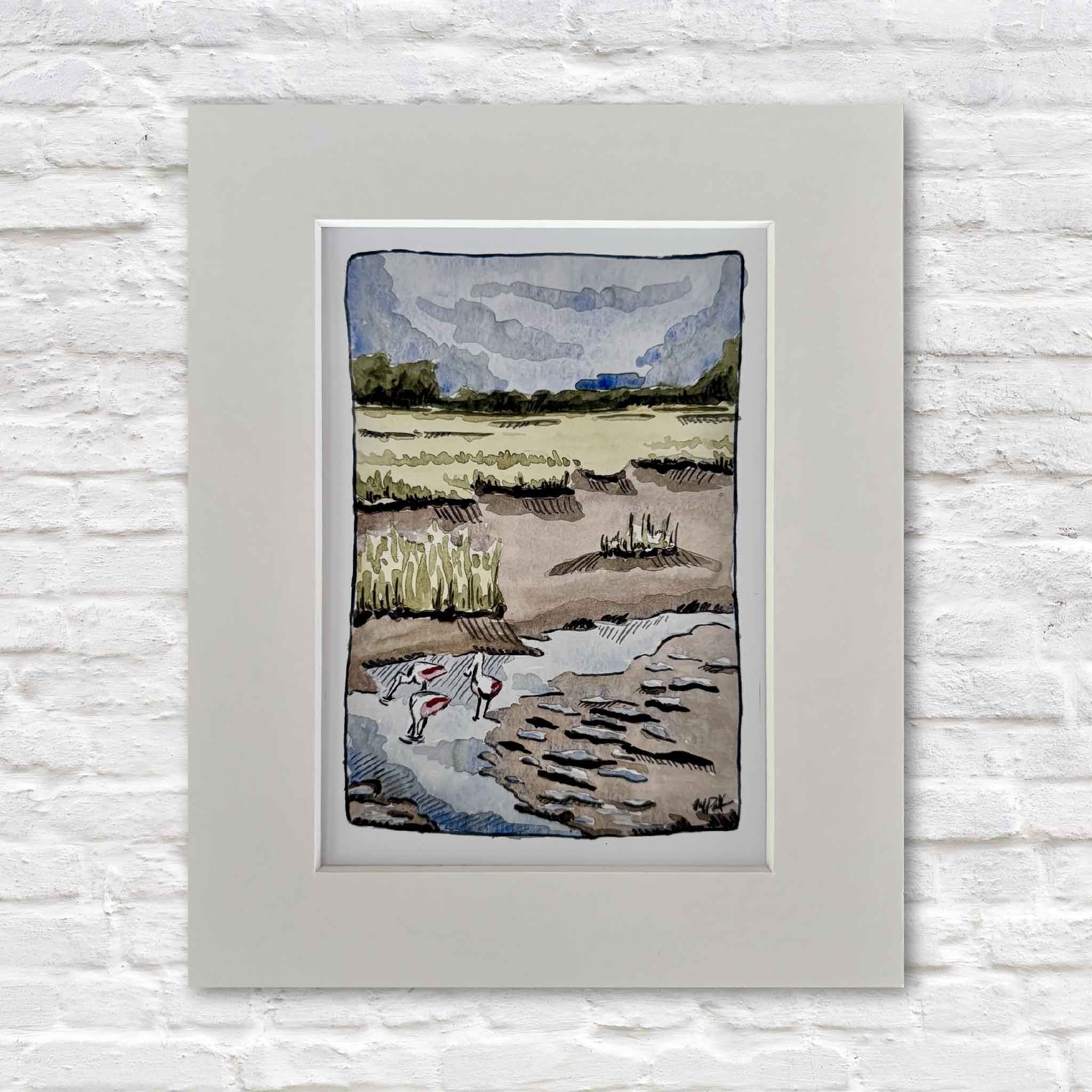 Following the Tide 8x10 matted fine art giclée print by South Carolina artist Maggie Pelton, depicting roseate spoonbills wading among tidal creeks, mudflats and marsh grass in the Lowcountry, professionally matted and available at Gray Man Gallery in Pawleys Island, SC.