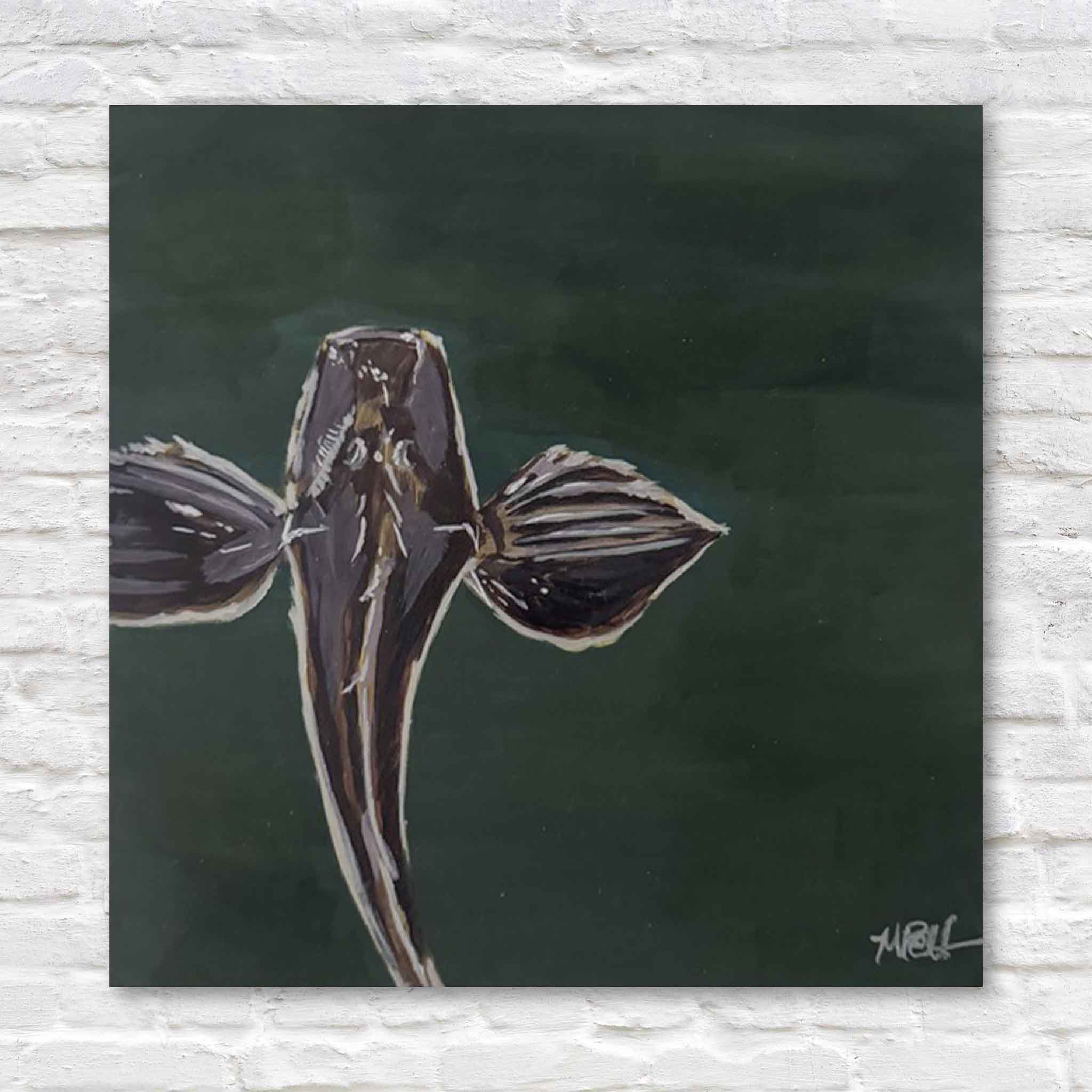 “Night Fishing” original acrylic painting by local artist Maggie Pelton featuring a luminous fish in dark coastal waters, displayed at Gray Man Gallery in Pawleys Island, South Carolina, a trusted Lowcountry art gallery and custom frame shop