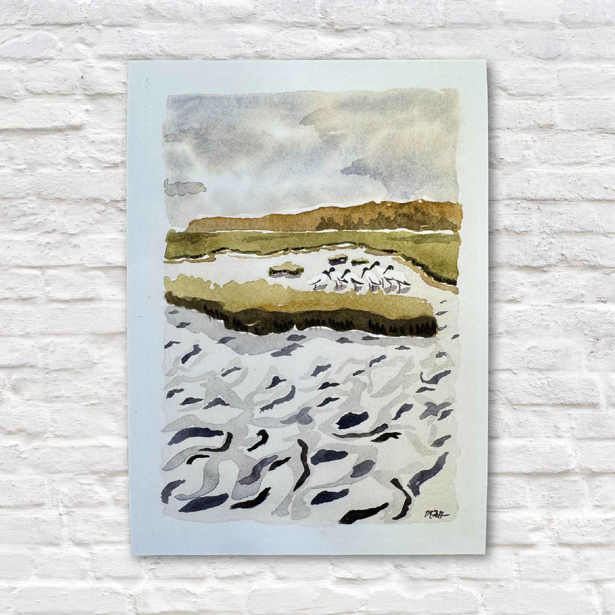 Woodstorks at the Horseshoe 5x7 print by local artist Maggie Pelton featuring wood storks gathered along a tidal marsh in the South Carolina Lowcountry. Available at Gray Man Gallery in Pawleys Island.