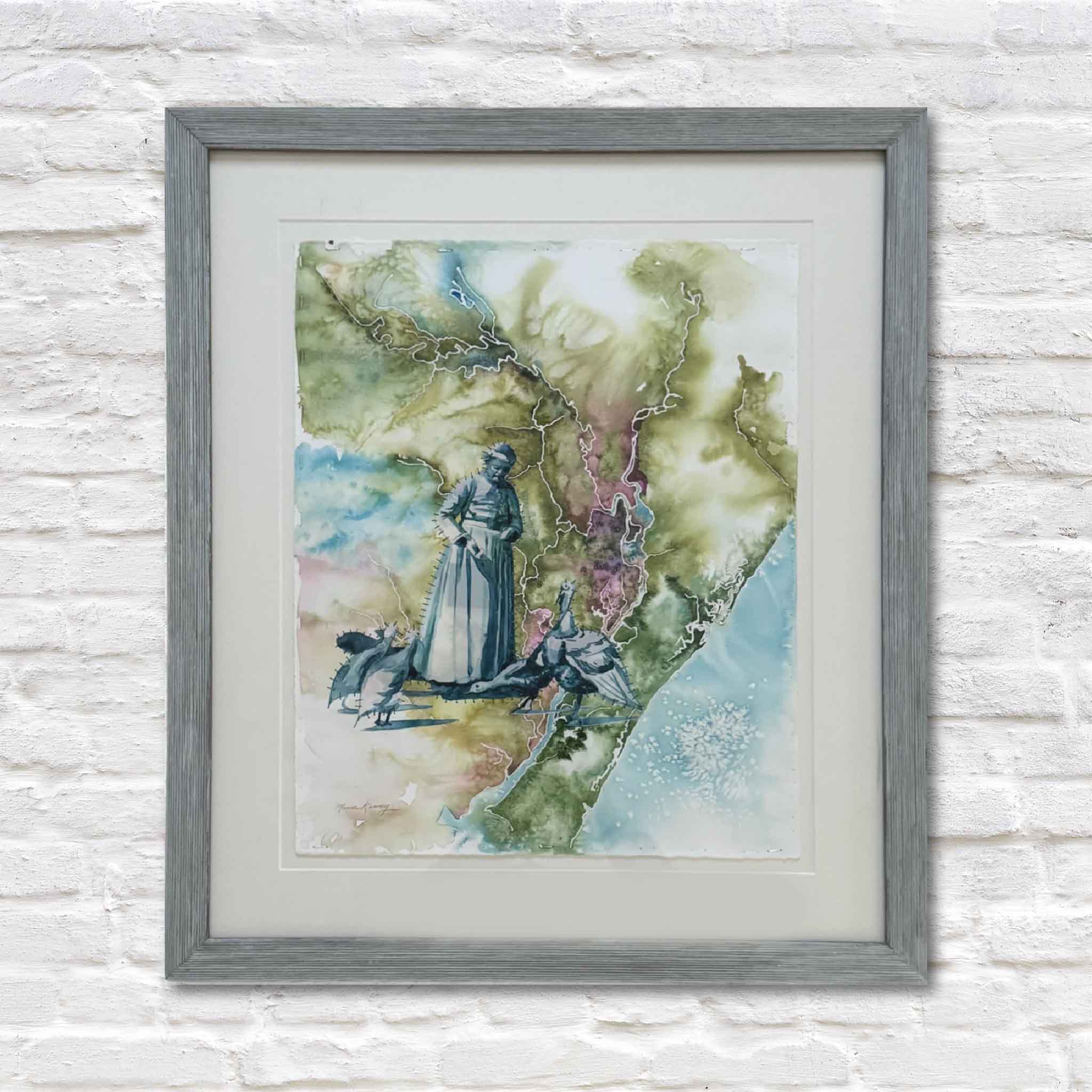 Framed watercolor “Rice Plantations of the Waccamaw” by Maura Kenny, featuring a stitched Lowcountry map with a central figure and rice birds.