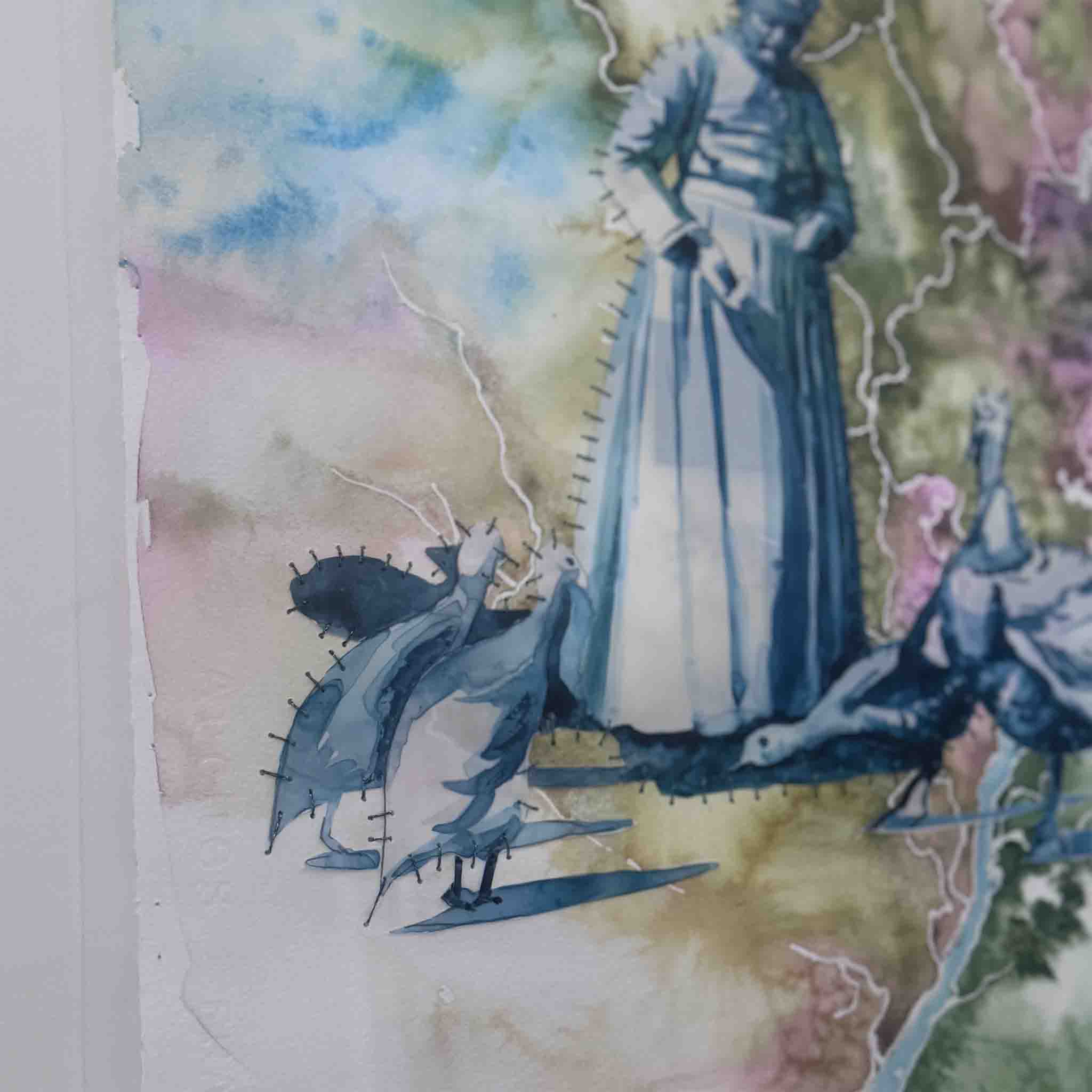 Close-up of stitching and rice birds in Maura Kenny’s watercolor “Rice Plantations of the Waccamaw,” showing hand-sewn textile details.