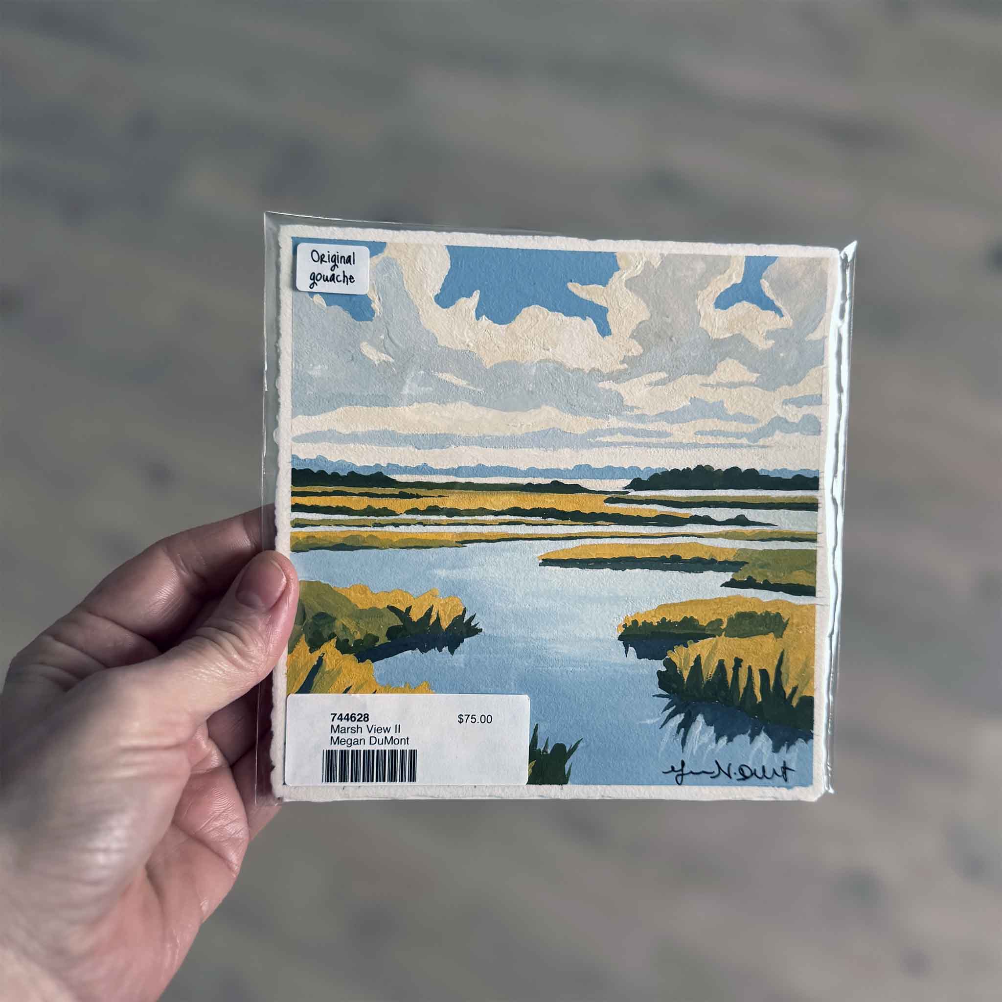 Marsh View II by Megan DuMont — 6x6 gouache painting of a Lowcountry marsh with sculptural clouds, tidal creeks, and golden marsh grasses on deckled-edge paper.