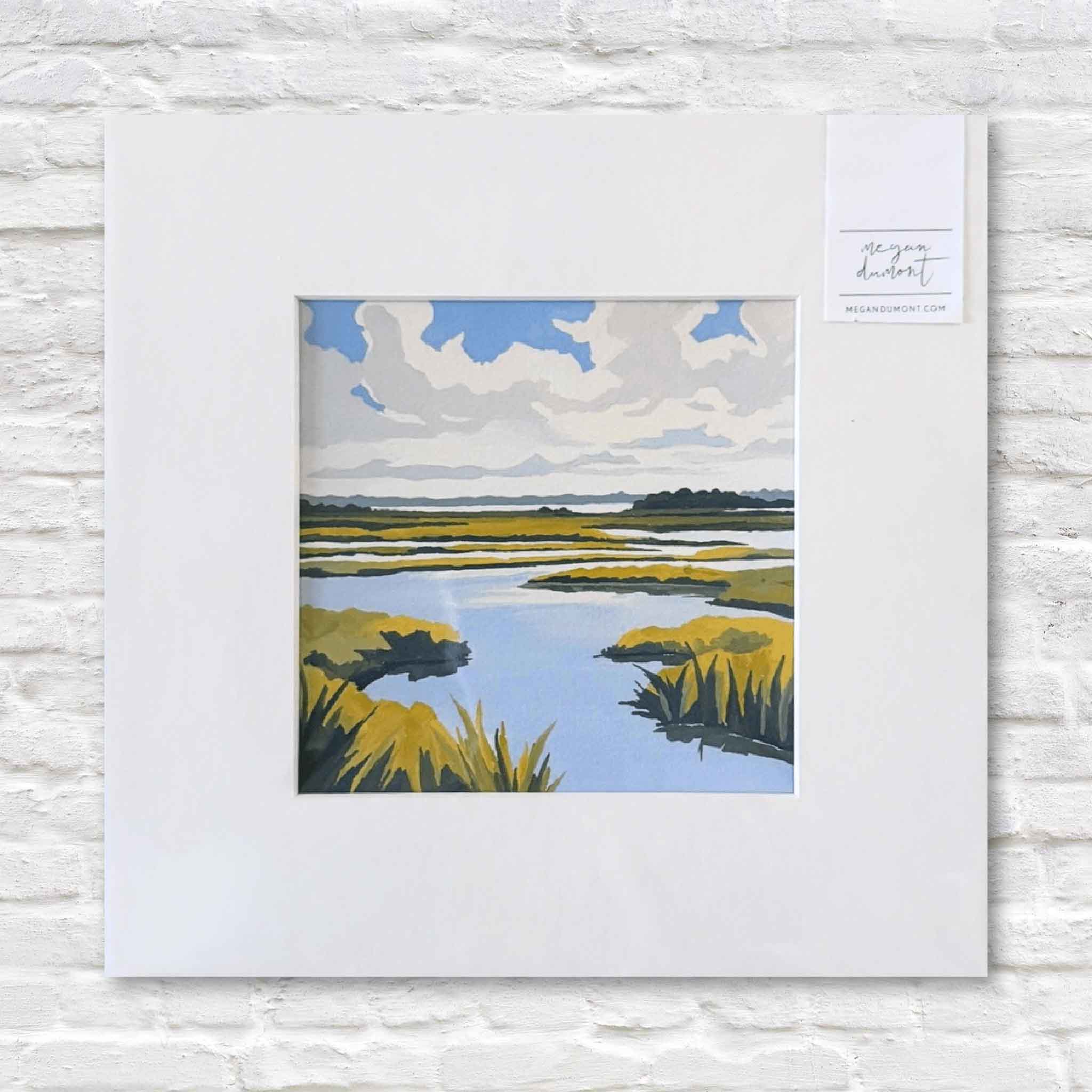 North Inlet I by Megan DuMont — 10x10 gouache painting of the Lowcountry marsh with bold clouds, tidal creeks, and golden spartina, matted for standard framing.