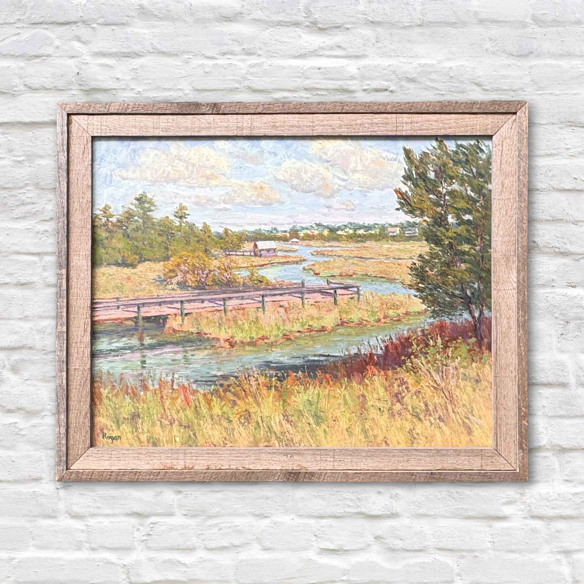 Spring Creek South Litchfield marsh landscape oil painting by local artist Michael Rogan featuring tidal creek, wooden bridge, and Lowcountry marsh grasses available at Gray Man Gallery in Pawleys Island South Carolina