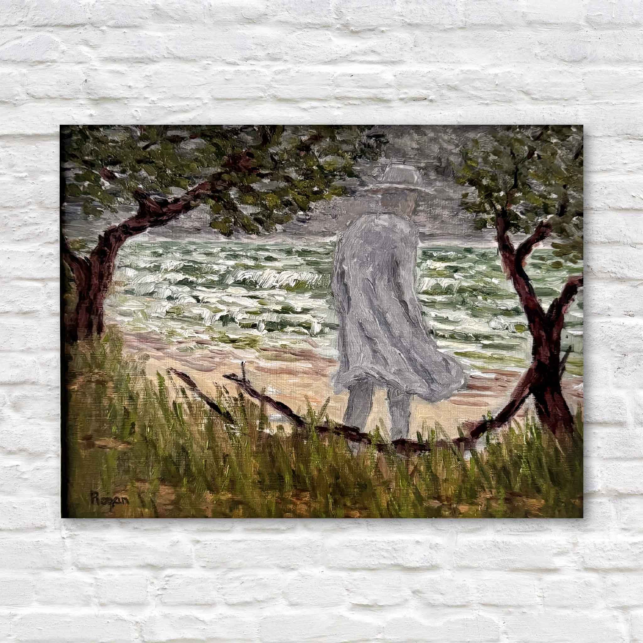The Gray Man fine art giclée print by Michael Rogan, reproduced from his original oil painting of Pawleys Island’s legendary Gray Man walking the South Carolina shoreline beneath windswept trees and crashing waves, available exclusively at Gray Man Gallery in Pawleys Island.