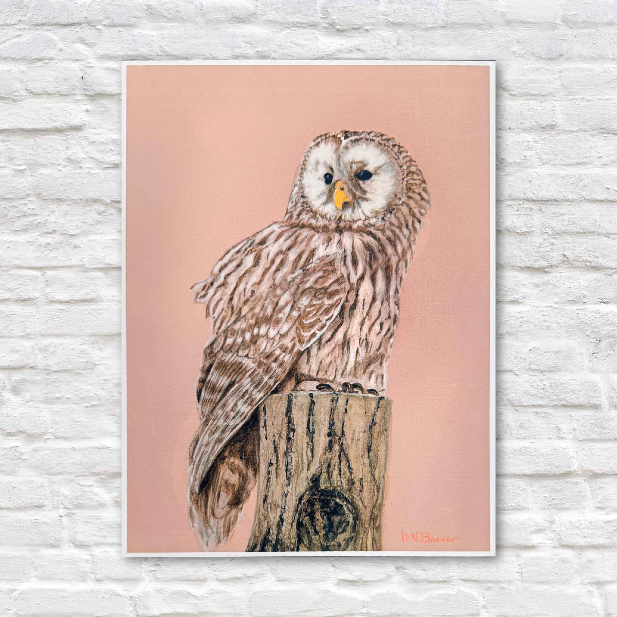 Watercolor print of an owl showing detailed feathers and warm peach background, by Mimi Beaver featuring a blue-and-white porcelain clock, peaches, and roses, part of the Giving Collection supporting senior dog rescue.