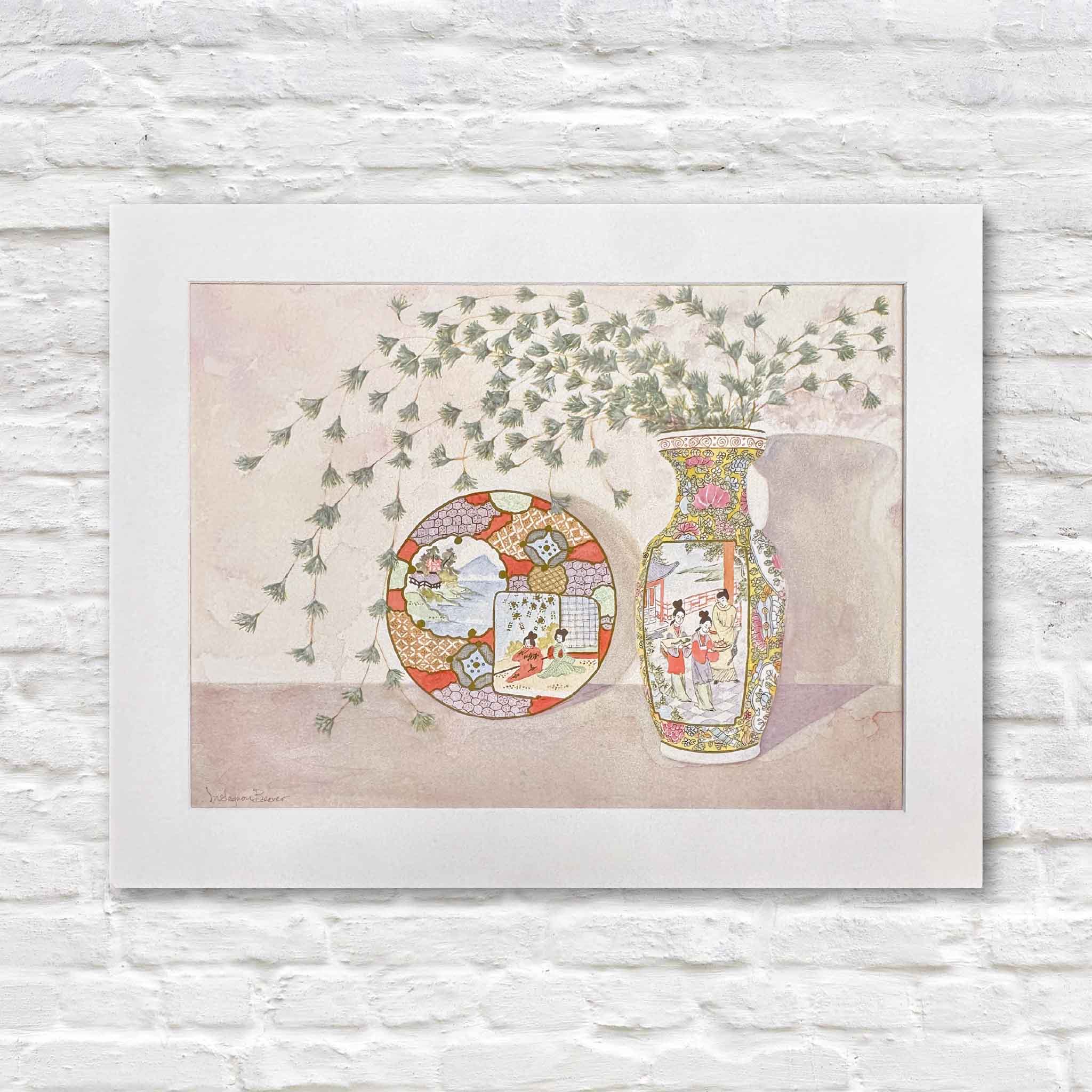 Original watercolor by Mimi Beaver featuring a Japanese-style porcelain vase and plate with cascading bamboo, part of the Giving Collection supporting senior dog rescue.